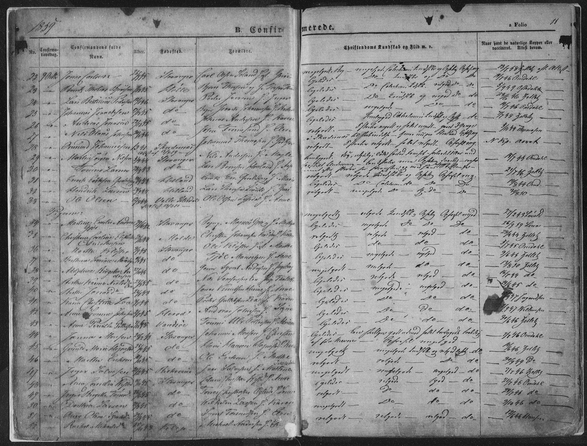 Domkirken sokneprestkontor, AV/SAST-A-101812/001/30/30BA/L0018: Parish register (official) no. A 17, 1857-1877, p. 11