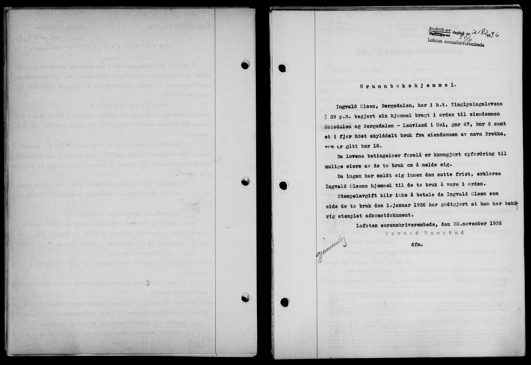 Lofoten sorenskriveri, SAT/A-0017/1/2/2C/L0001a: Mortgage book no. 1a, 1936-1937, Diary no: : 2182/1936