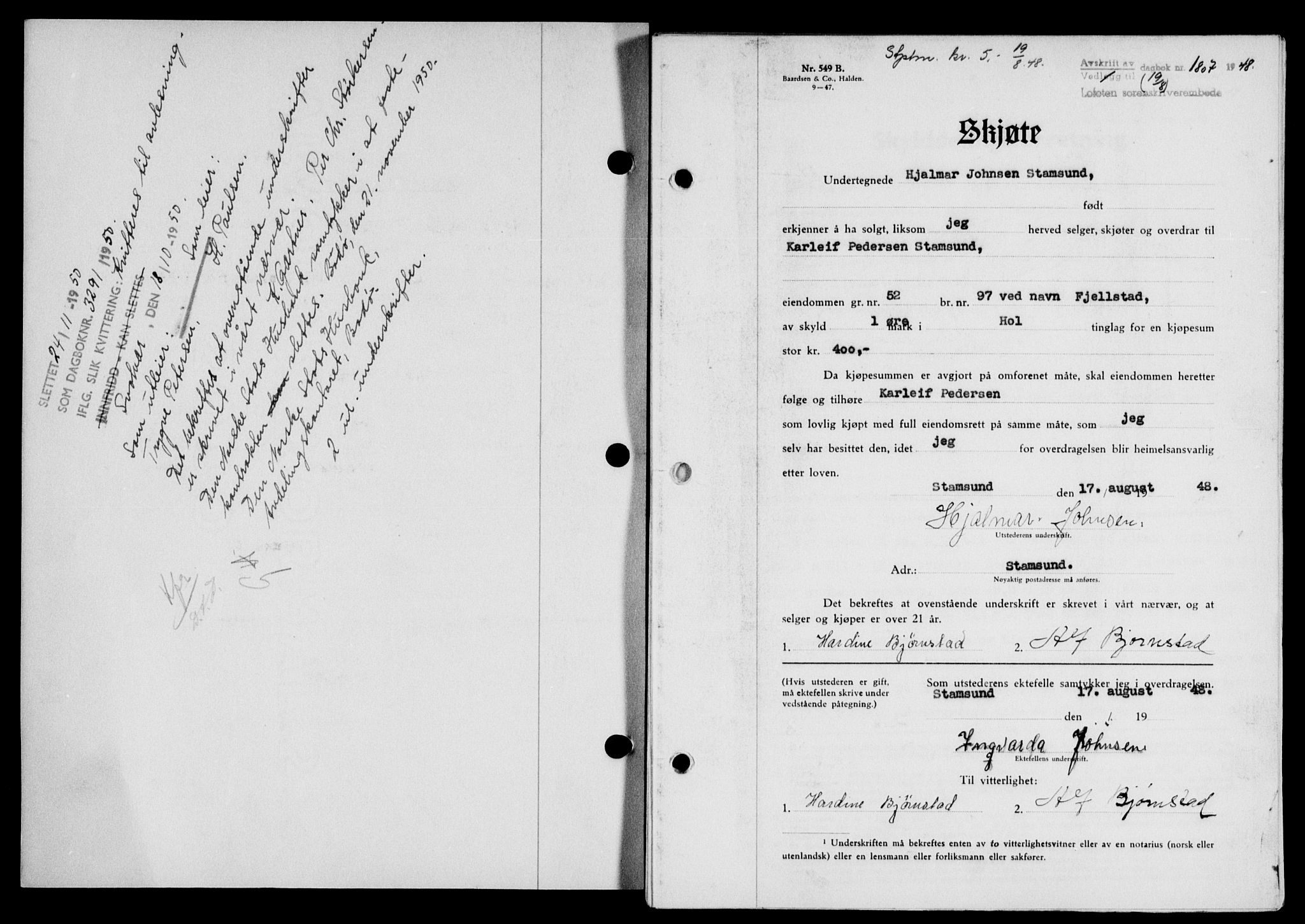 Lofoten sorenskriveri, SAT/A-0017/1/2/2C/L0019a: Mortgage book no. 19a, 1948-1948, Diary no: : 1807/1948