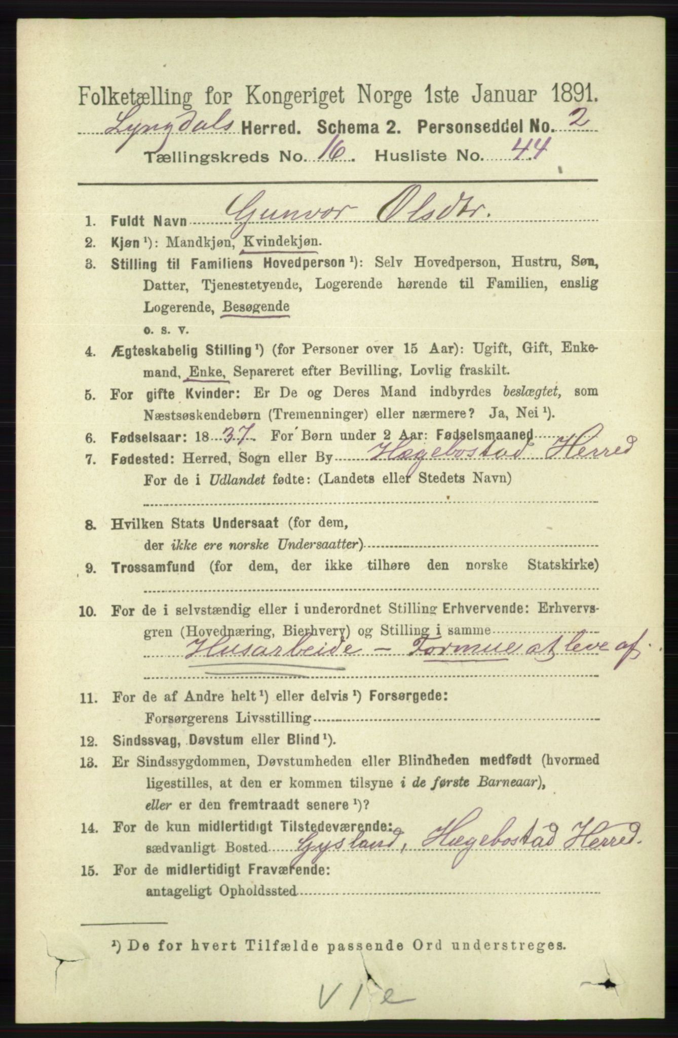 RA, 1891 census for 1032 Lyngdal, 1891, p. 6477