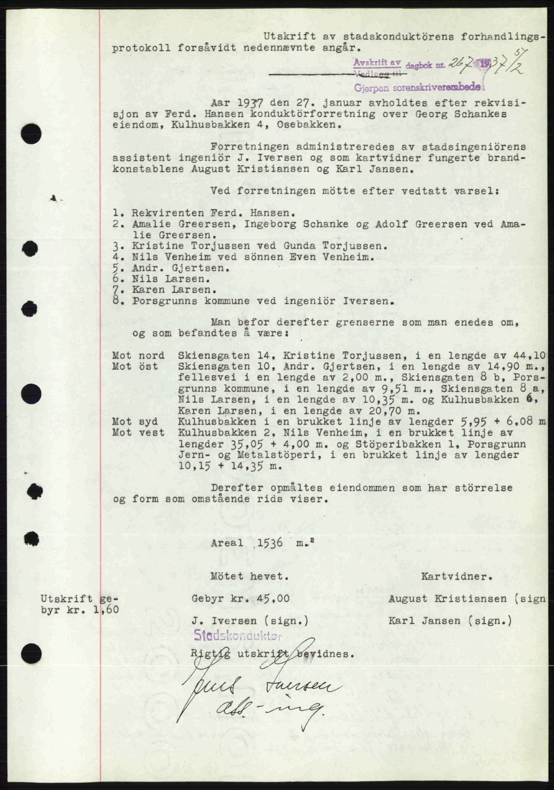 Gjerpen sorenskriveri, AV/SAKO-A-216/G/Ga/Gae/L0067: Mortgage book no. A-66 - A-68, 1936-1937, Diary no: : 267/1937