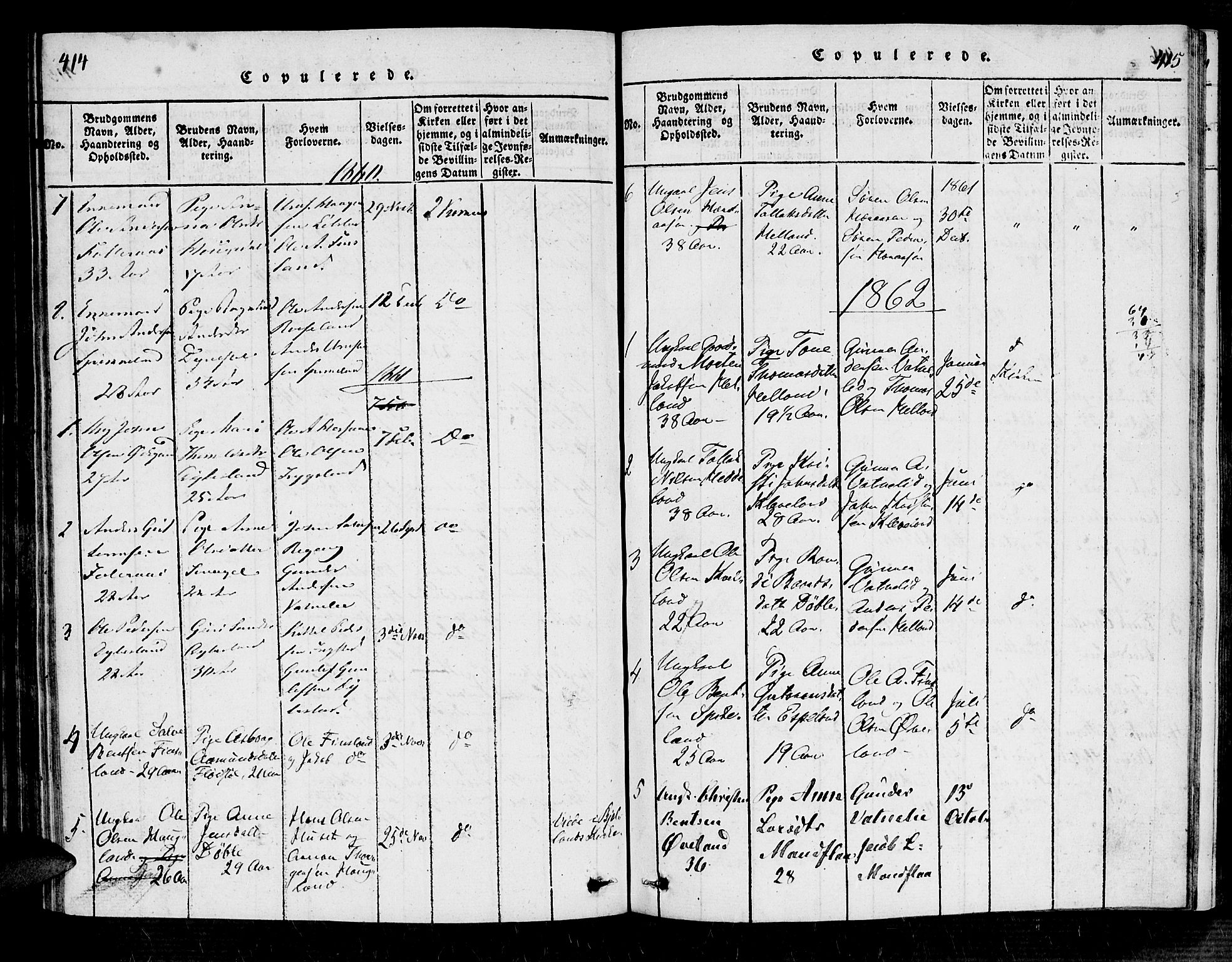 Bjelland sokneprestkontor, SAK/1111-0005/F/Fa/Fab/L0002: Parish register (official) no. A 2, 1816-1869, p. 414-415