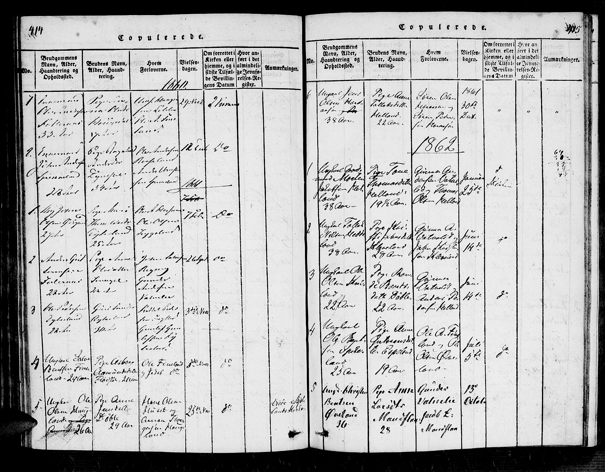 Bjelland sokneprestkontor, AV/SAK-1111-0005/F/Fa/Fab/L0002: Parish register (official) no. A 2, 1816-1869, p. 414-415