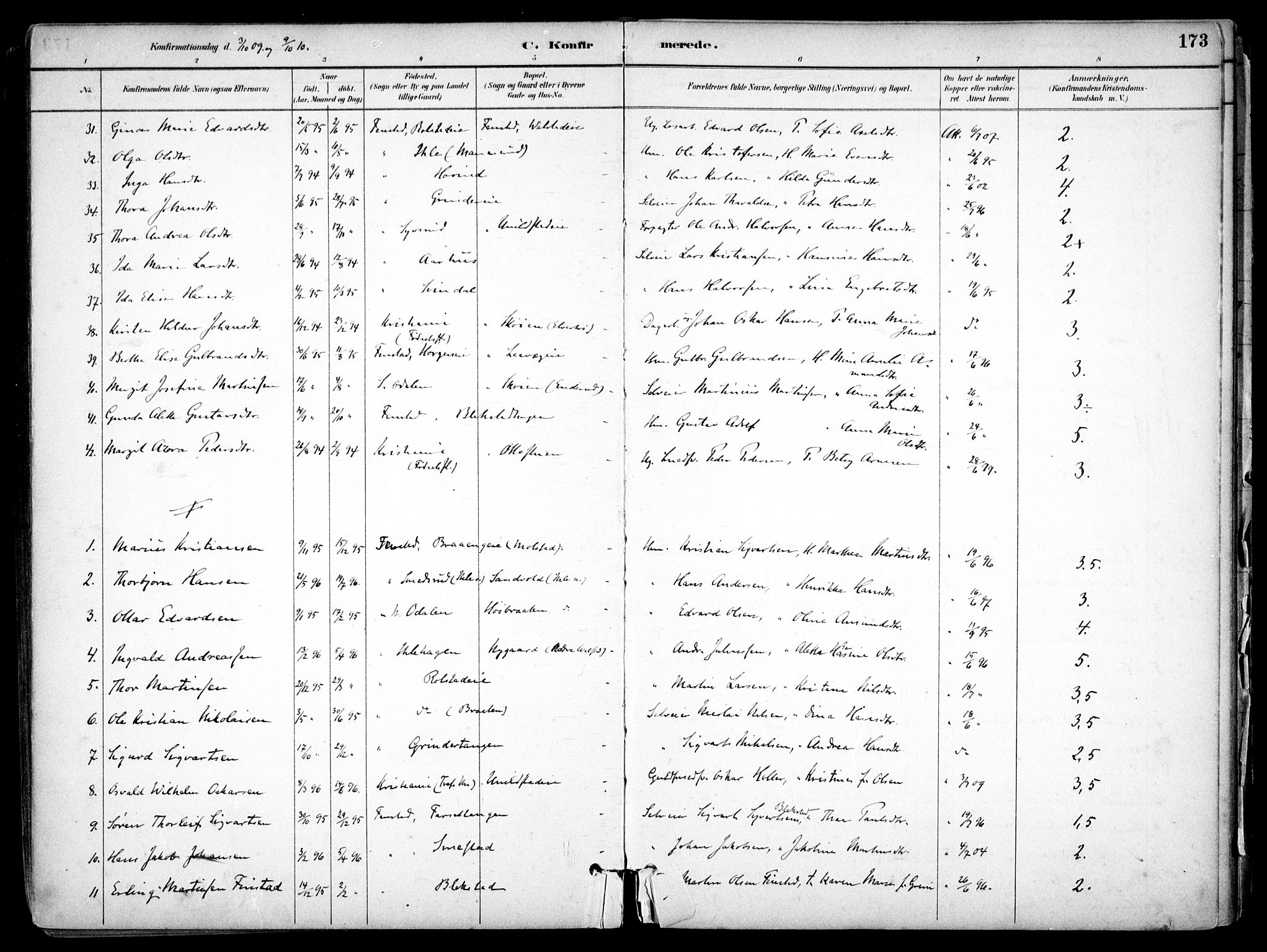 Nes prestekontor Kirkebøker, SAO/A-10410/F/Fb/L0002: Parish register (official) no. II 2, 1883-1918, p. 173
