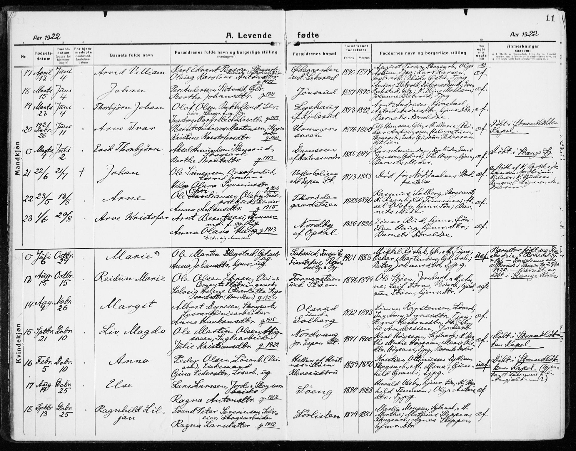 Stange prestekontor, AV/SAH-PREST-002/K/L0025: Parish register (official) no. 25, 1921-1945, p. 11