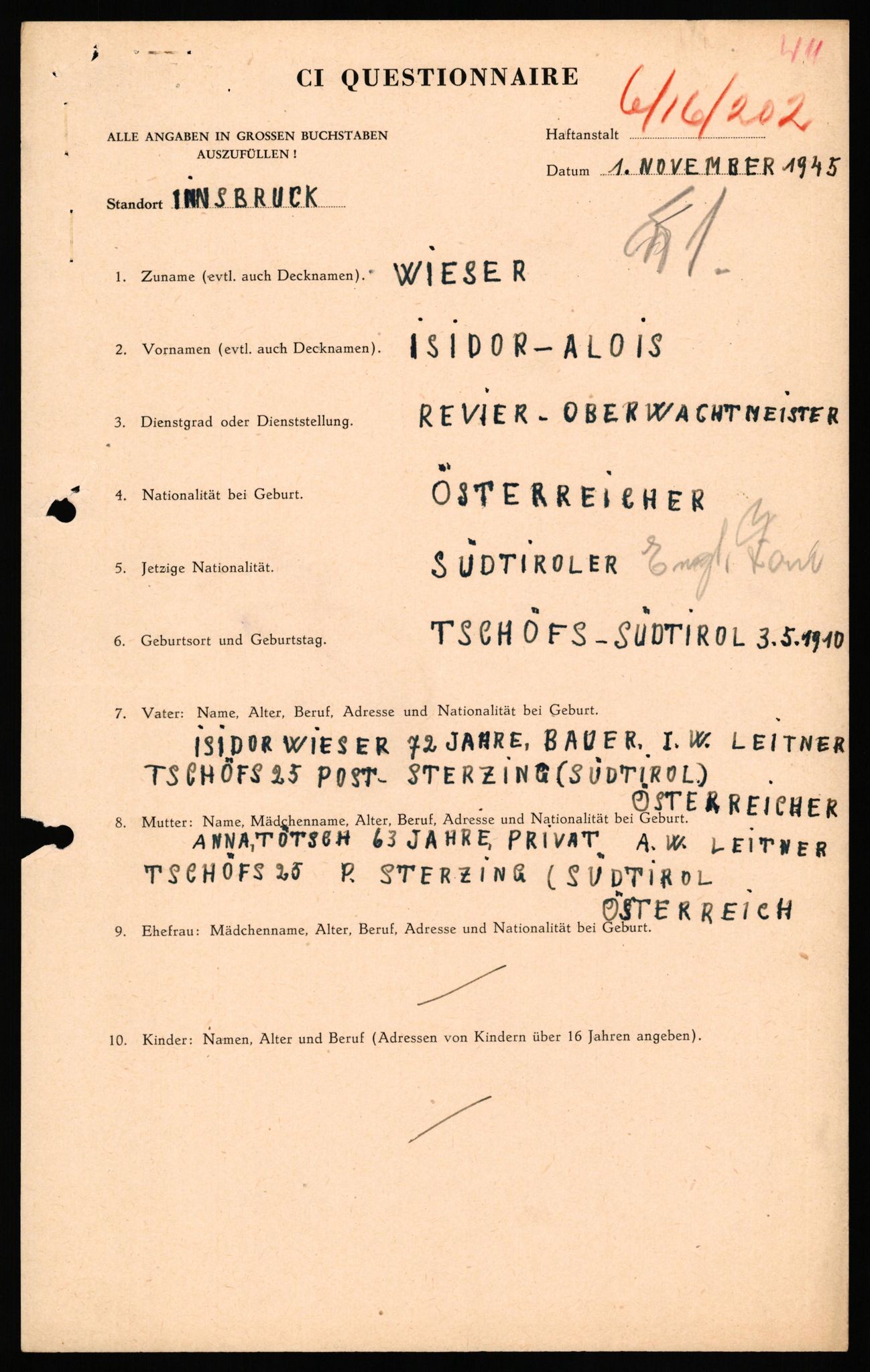 Forsvaret, Forsvarets overkommando II, AV/RA-RAFA-3915/D/Db/L0040: CI Questionaires. Tyske okkupasjonsstyrker i Norge. Østerrikere., 1945-1946, p. 415