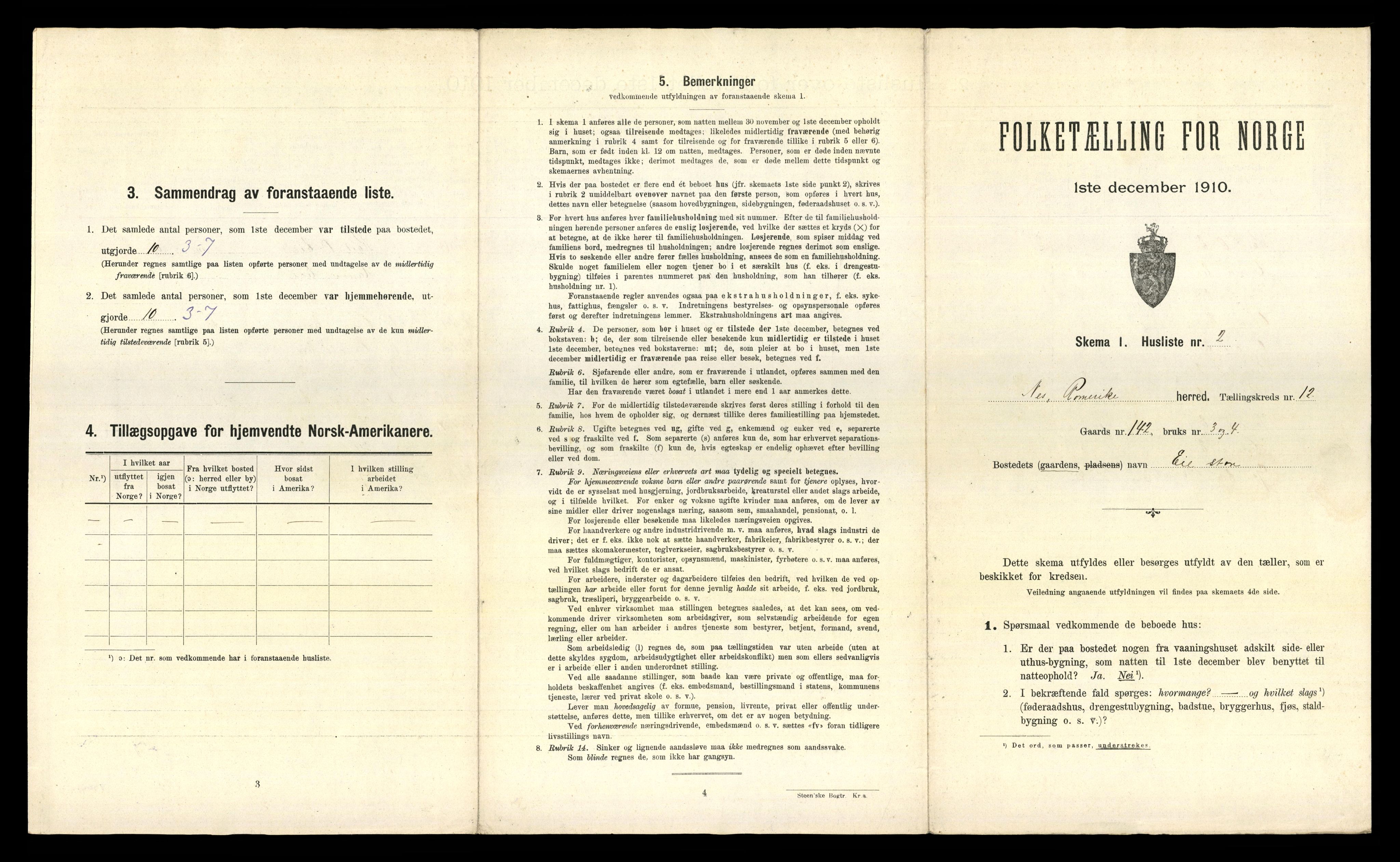 RA, 1910 census for Nes, 1910, p. 1668