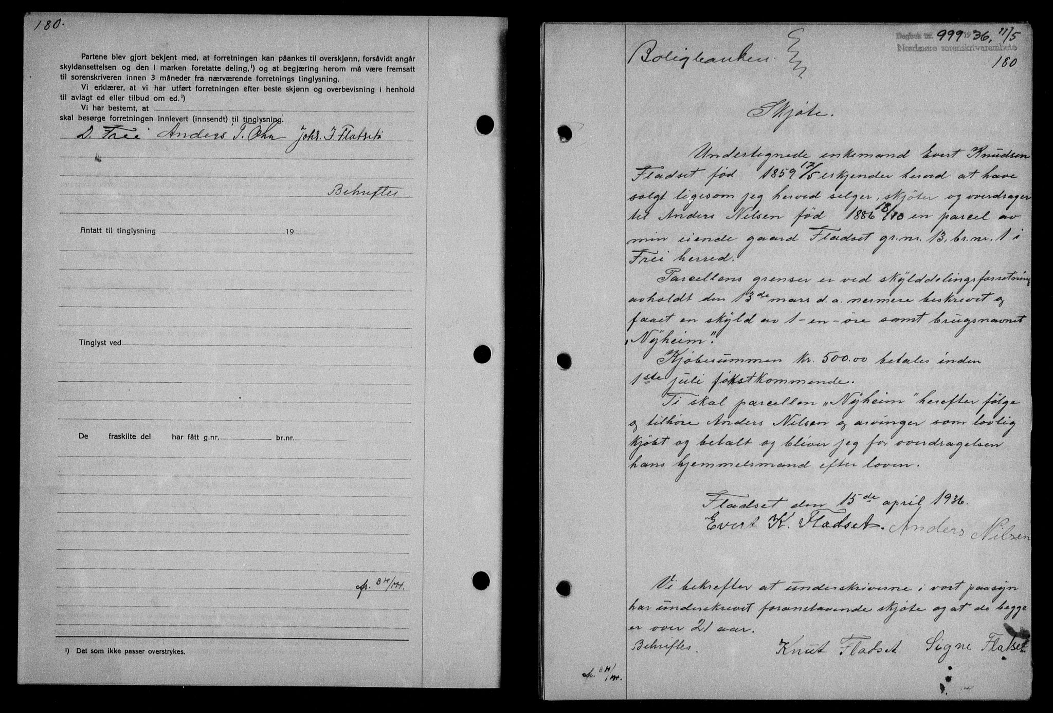 Nordmøre sorenskriveri, AV/SAT-A-4132/1/2/2Ca/L0088: Mortgage book no. 78, 1936-1936, Diary no: : 999/1936