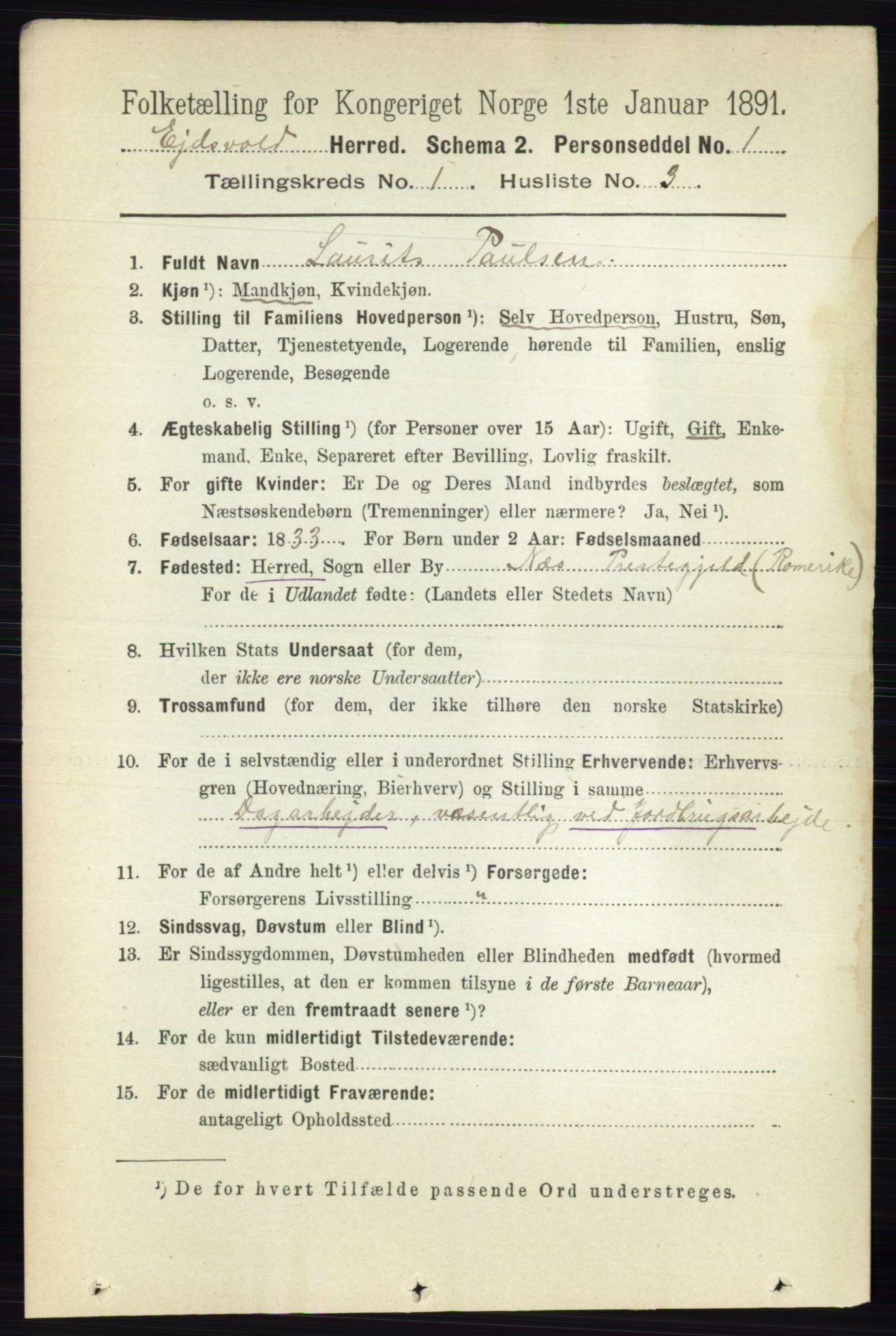 RA, 1891 census for 0237 Eidsvoll, 1891, p. 208