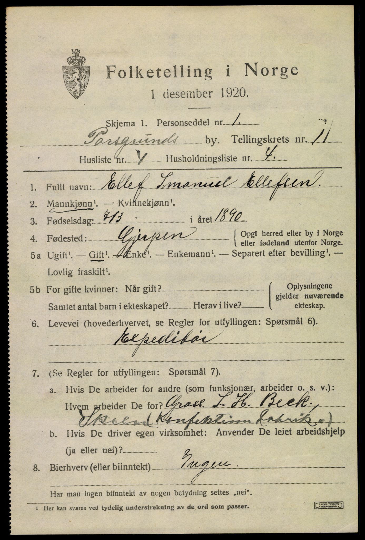 SAKO, 1920 census for Porsgrunn, 1920, p. 7135
