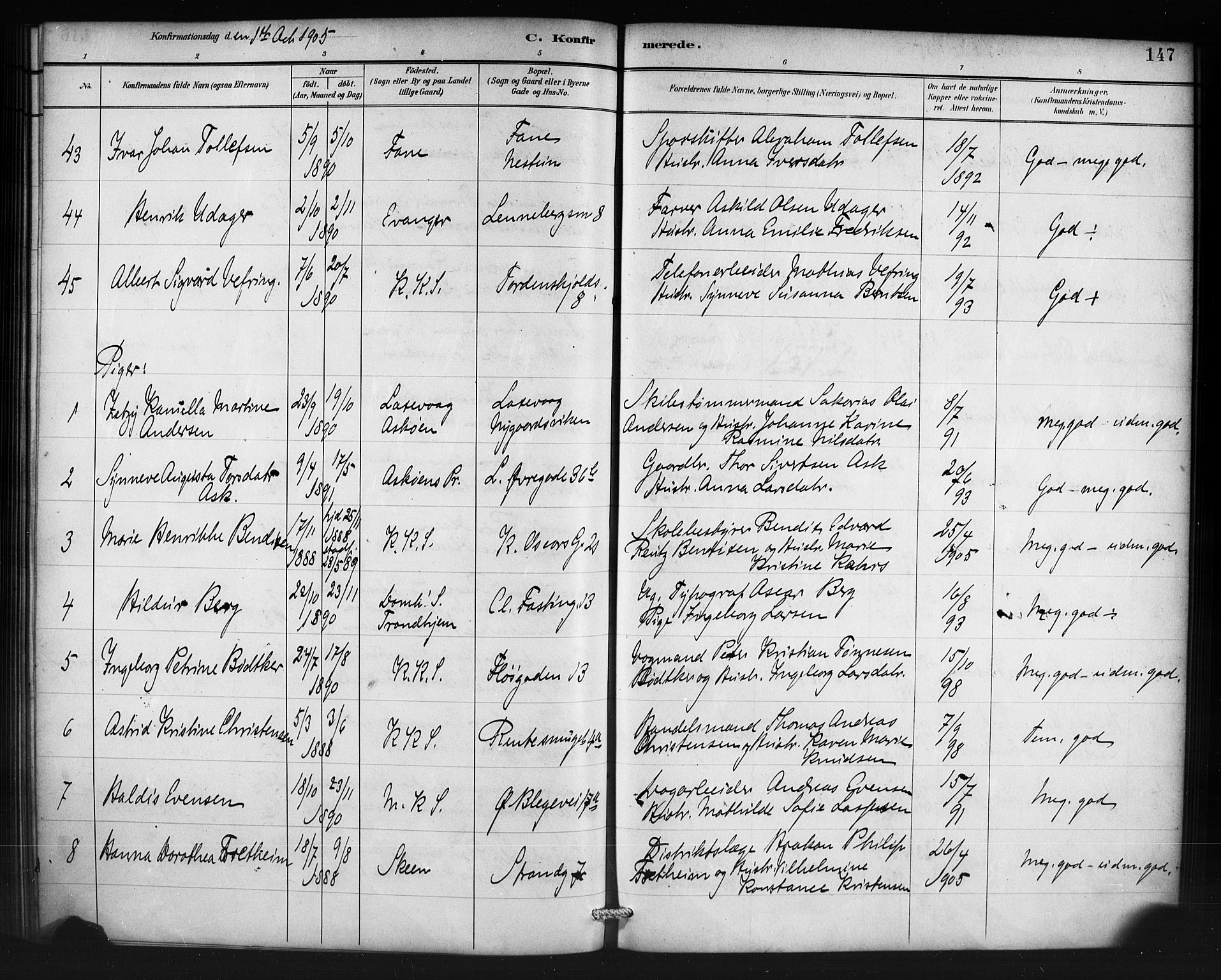 Korskirken sokneprestembete, SAB/A-76101/H/Haa/L0071: Curate's parish register no. A 6, 1885-1912, p. 147