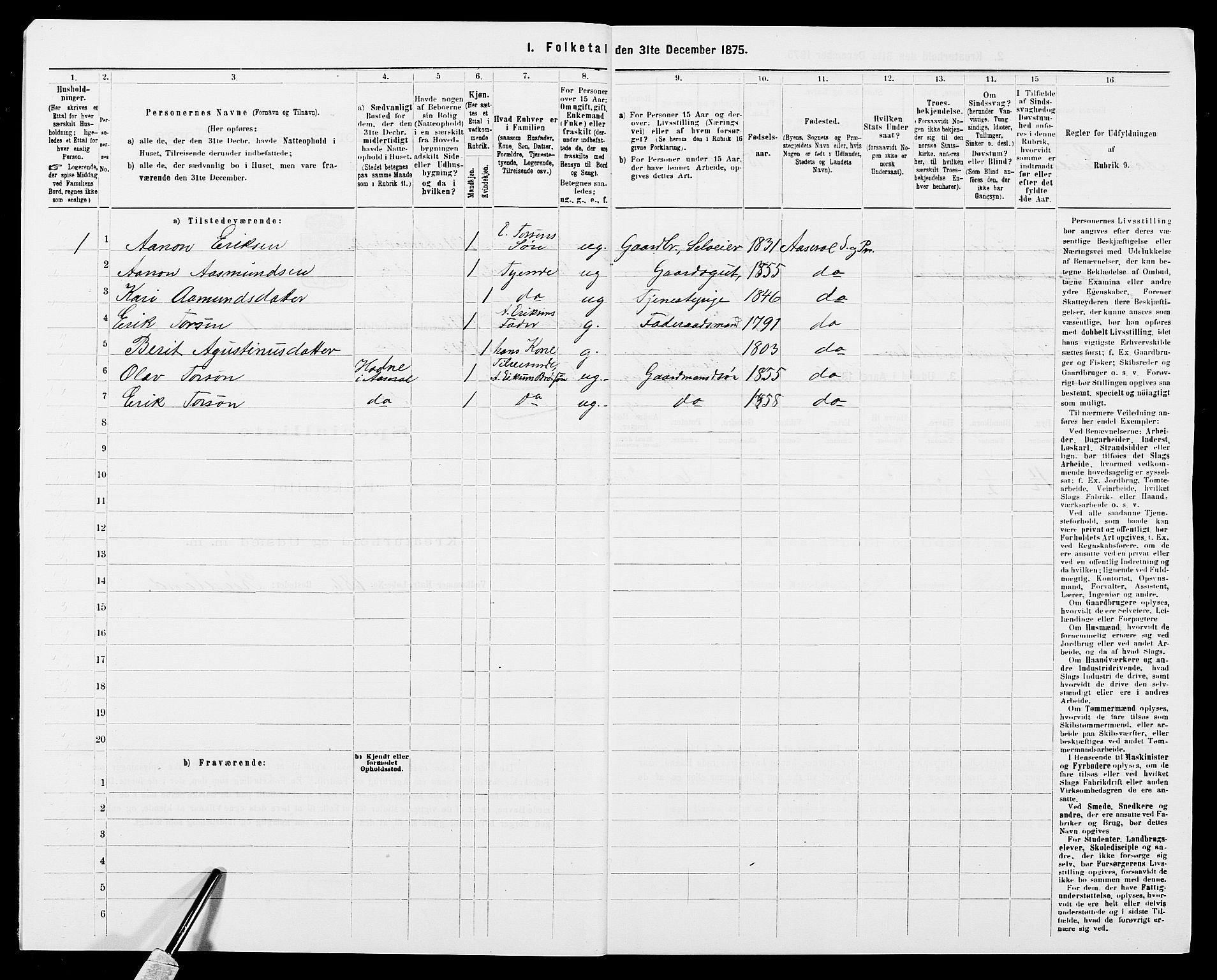 SAK, 1875 census for 0980P Åseral, 1875, p. 33