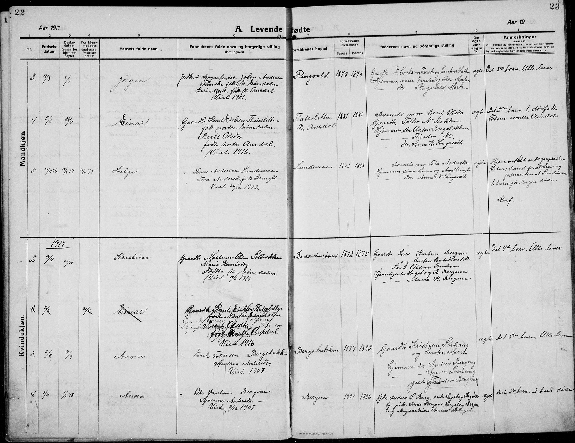 Etnedal prestekontor, SAH/PREST-130/H/Ha/Hab/Habb/L0002: Parish register (copy) no. II 2, 1912-1934, p. 22-23