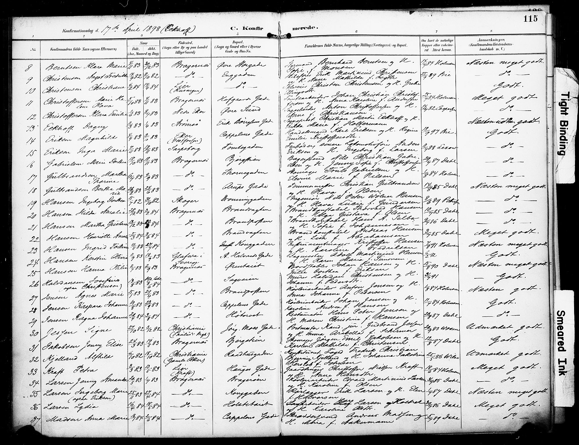 Bragernes kirkebøker, AV/SAKO-A-6/F/Fc/L0006: Parish register (official) no. III 6, 1888-1899, p. 115