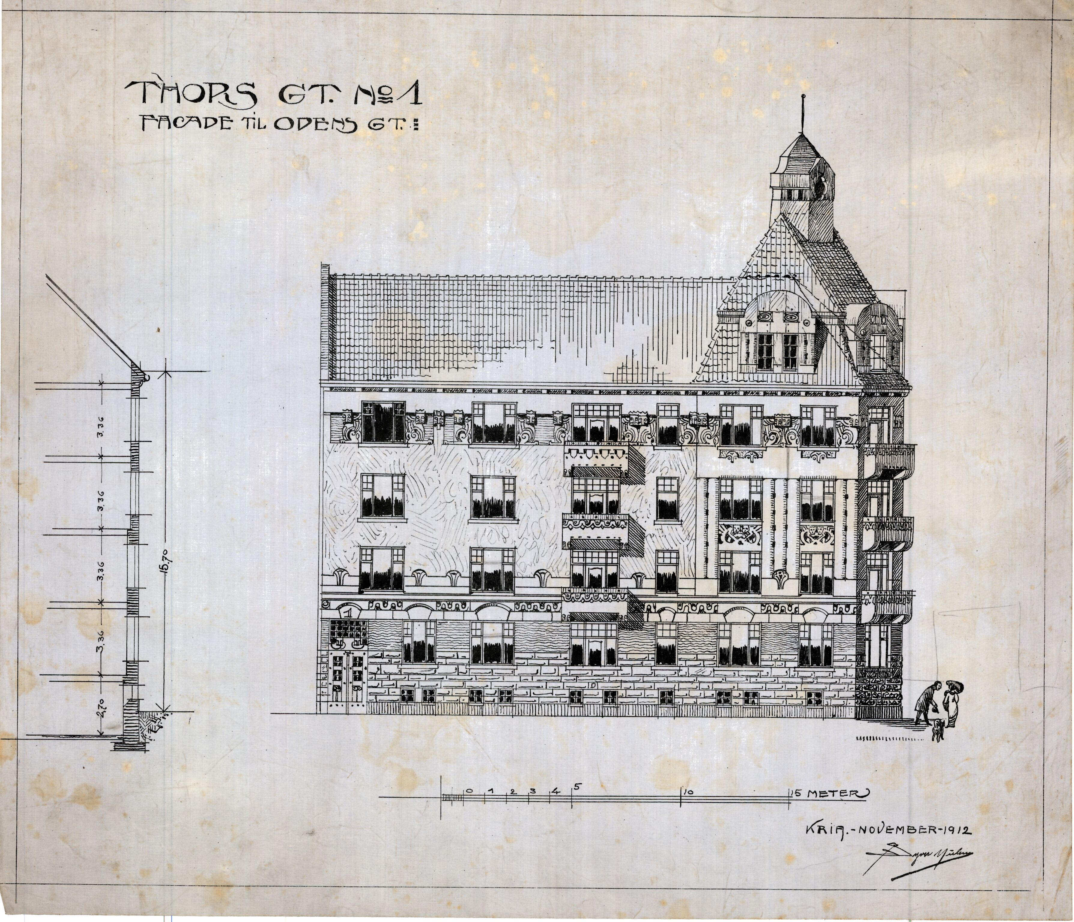 Syver Nielsen Arkitekt, OBA/A-70230/T/L0012/0002: Bygdøy allé 49 (bensinstasjon); Thors gate 1 (Tors gate 1); Odins gate 21-27 / Thors gate 1 - Fasader, p. 1