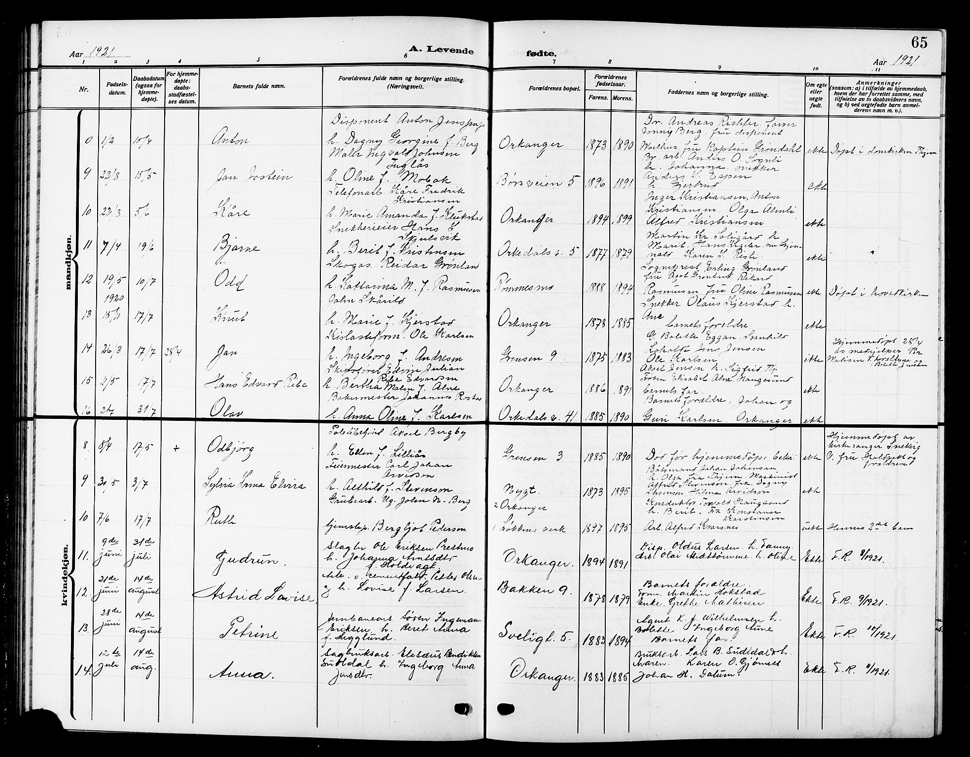Ministerialprotokoller, klokkerbøker og fødselsregistre - Sør-Trøndelag, SAT/A-1456/669/L0831: Parish register (copy) no. 669C01, 1909-1924, p. 65