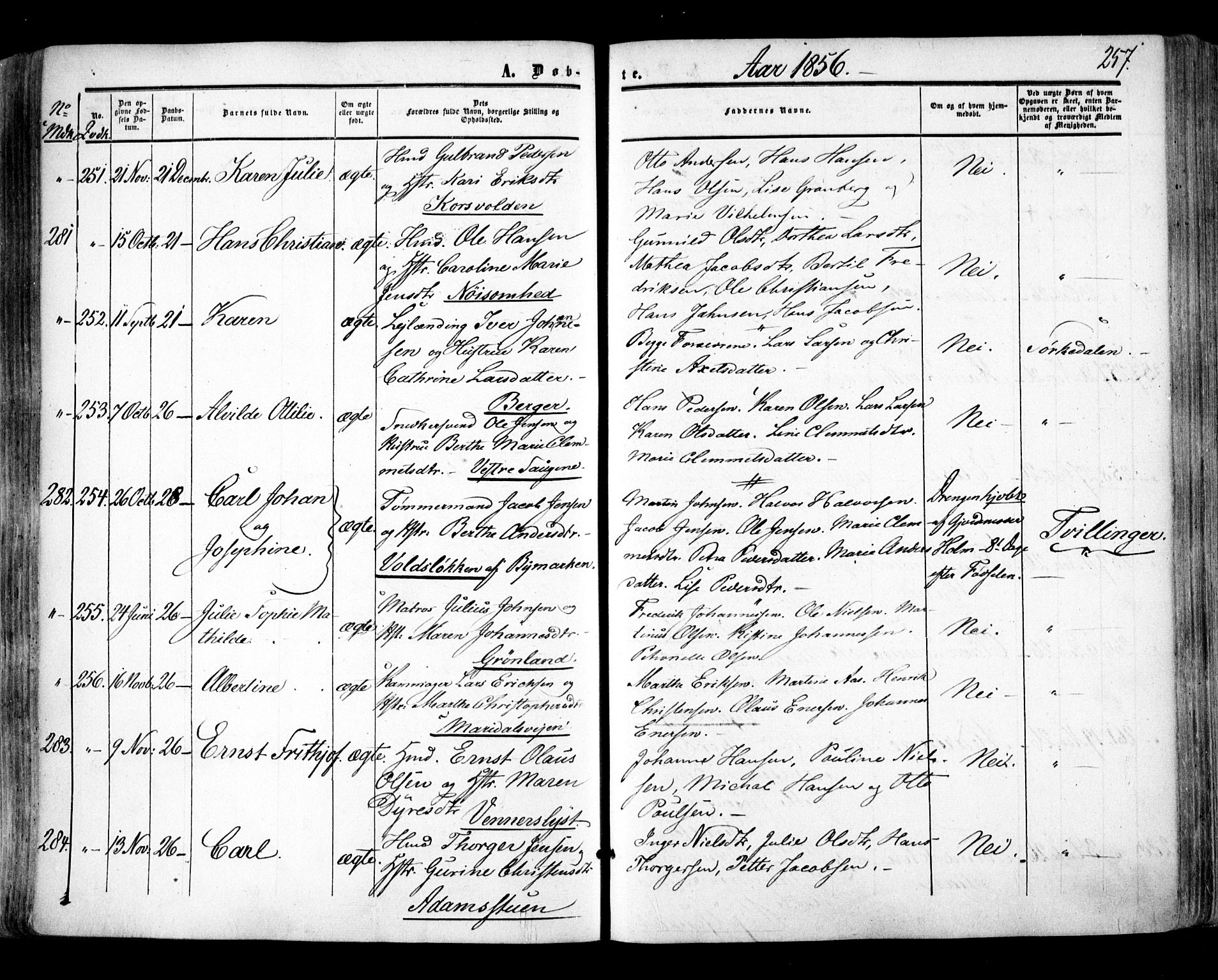 Aker prestekontor kirkebøker, AV/SAO-A-10861/F/L0020: Parish register (official) no. 20, 1853-1857, p. 257