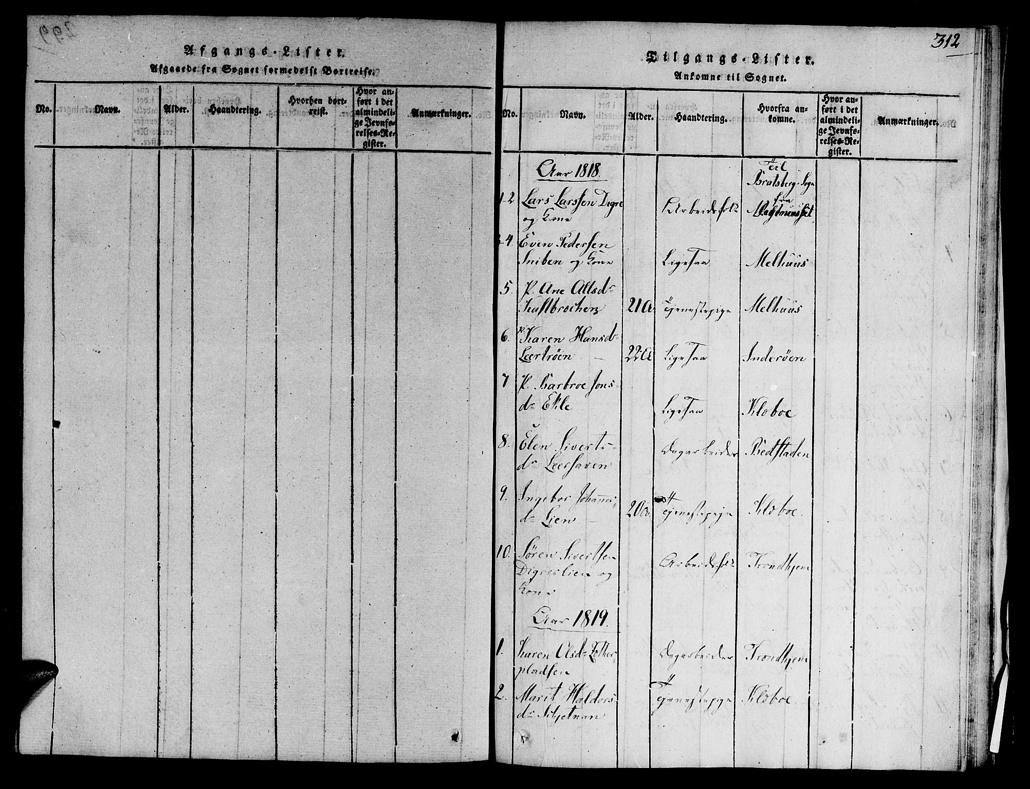 Ministerialprotokoller, klokkerbøker og fødselsregistre - Sør-Trøndelag, SAT/A-1456/606/L0283: Parish register (official) no. 606A03 /1, 1818-1823, p. 312