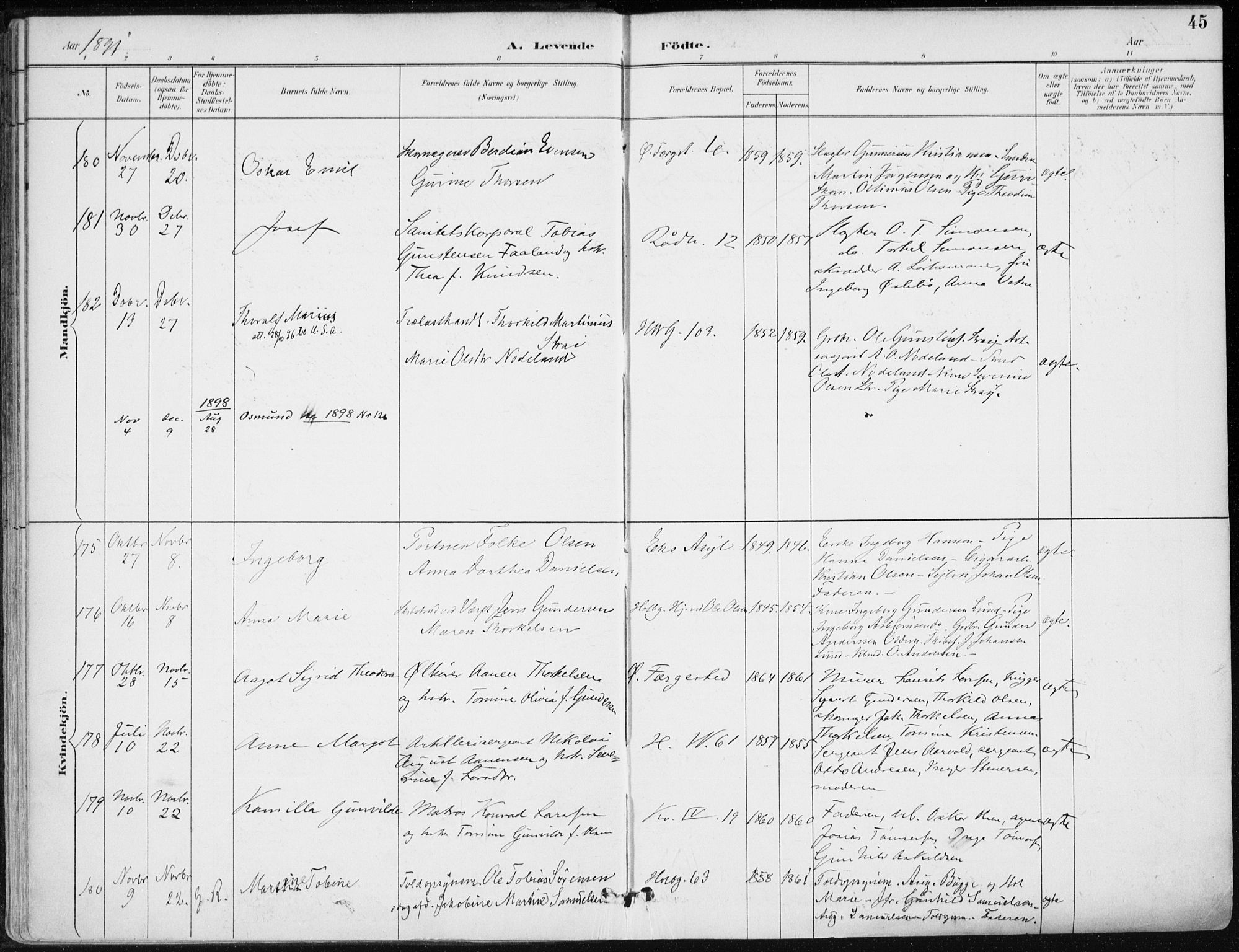 Kristiansand domprosti, AV/SAK-1112-0006/F/Fa/L0019: Parish register (official) no. A 18, 1890-1897, p. 45