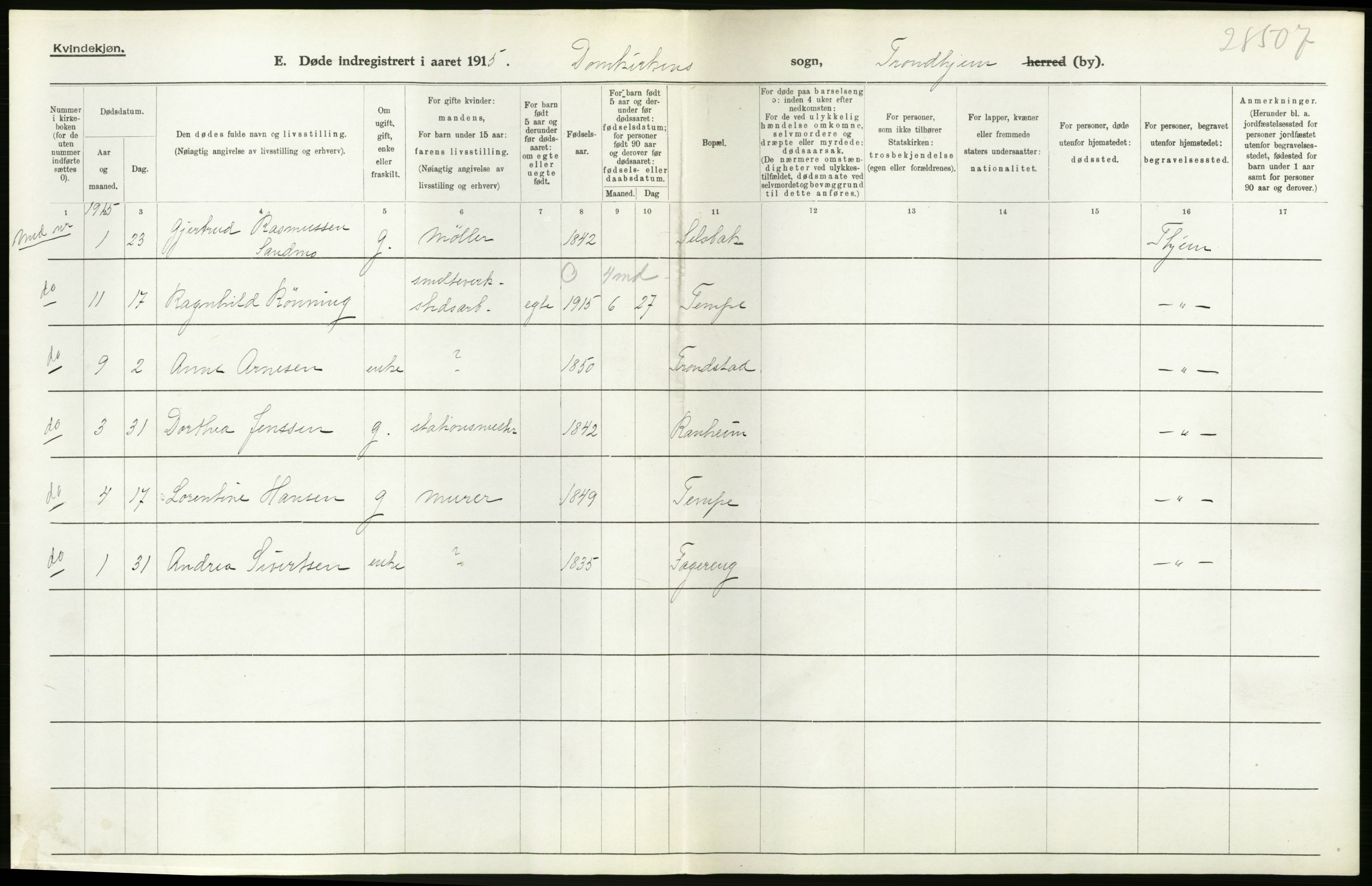 Statistisk sentralbyrå, Sosiodemografiske emner, Befolkning, AV/RA-S-2228/D/Df/Dfb/Dfbe/L0044: Trondhjem: Gifte, døde, dødfødte., 1915, p. 294