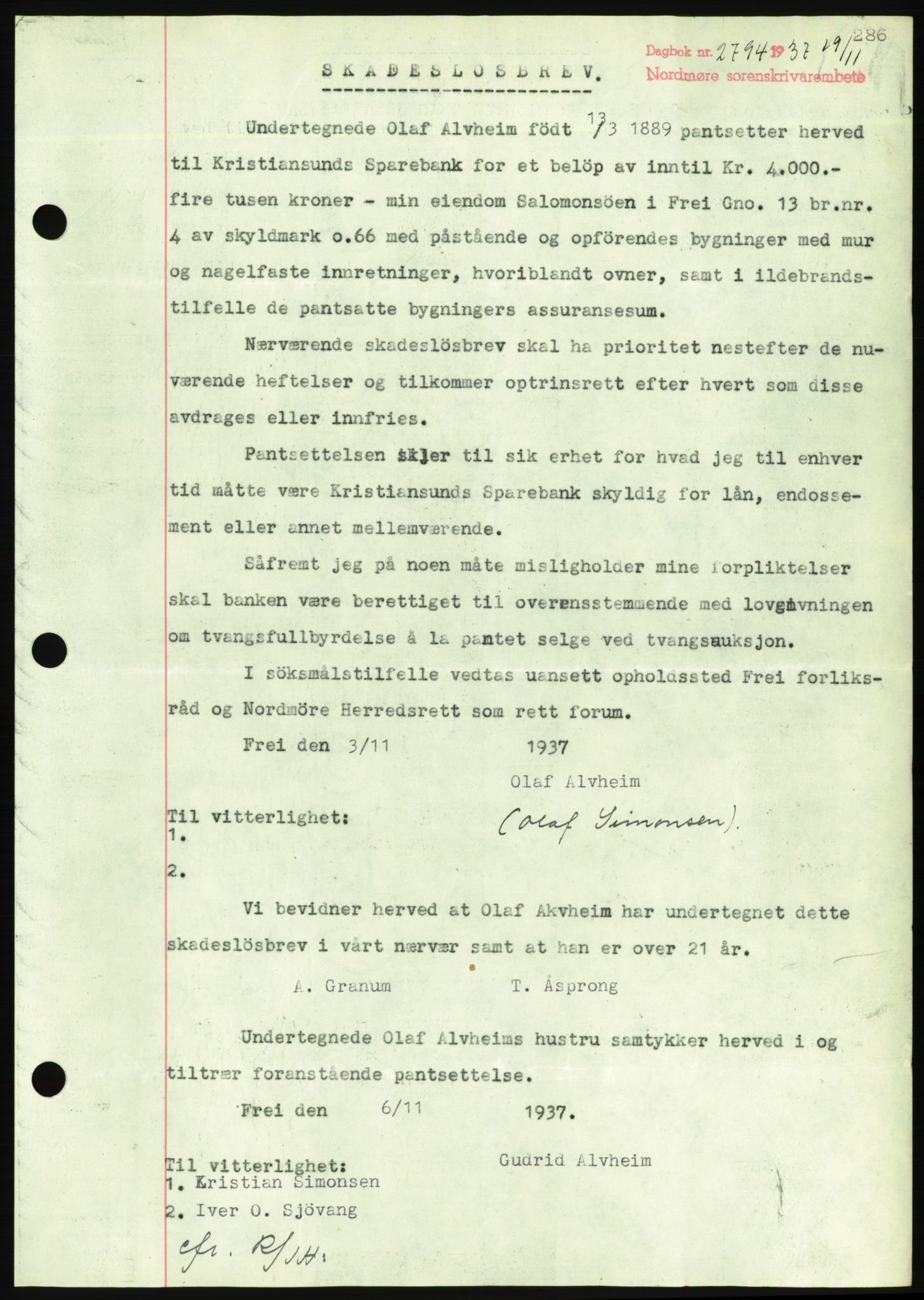 Nordmøre sorenskriveri, AV/SAT-A-4132/1/2/2Ca/L0092: Mortgage book no. B82, 1937-1938, Diary no: : 2794/1937