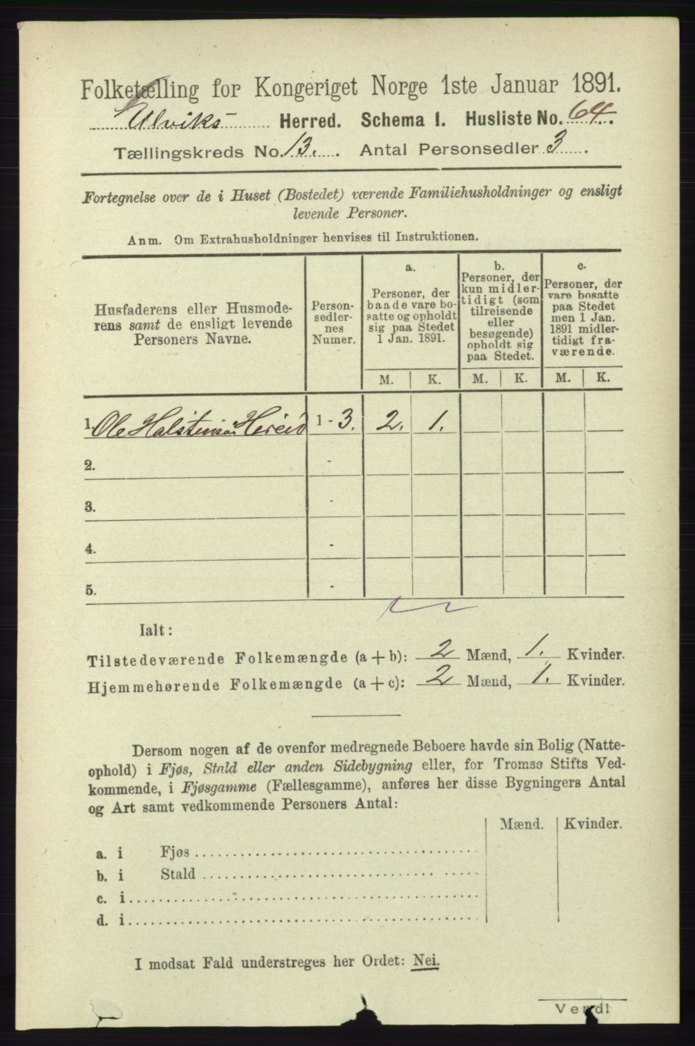 RA, 1891 census for 1233 Ulvik, 1891, p. 3891