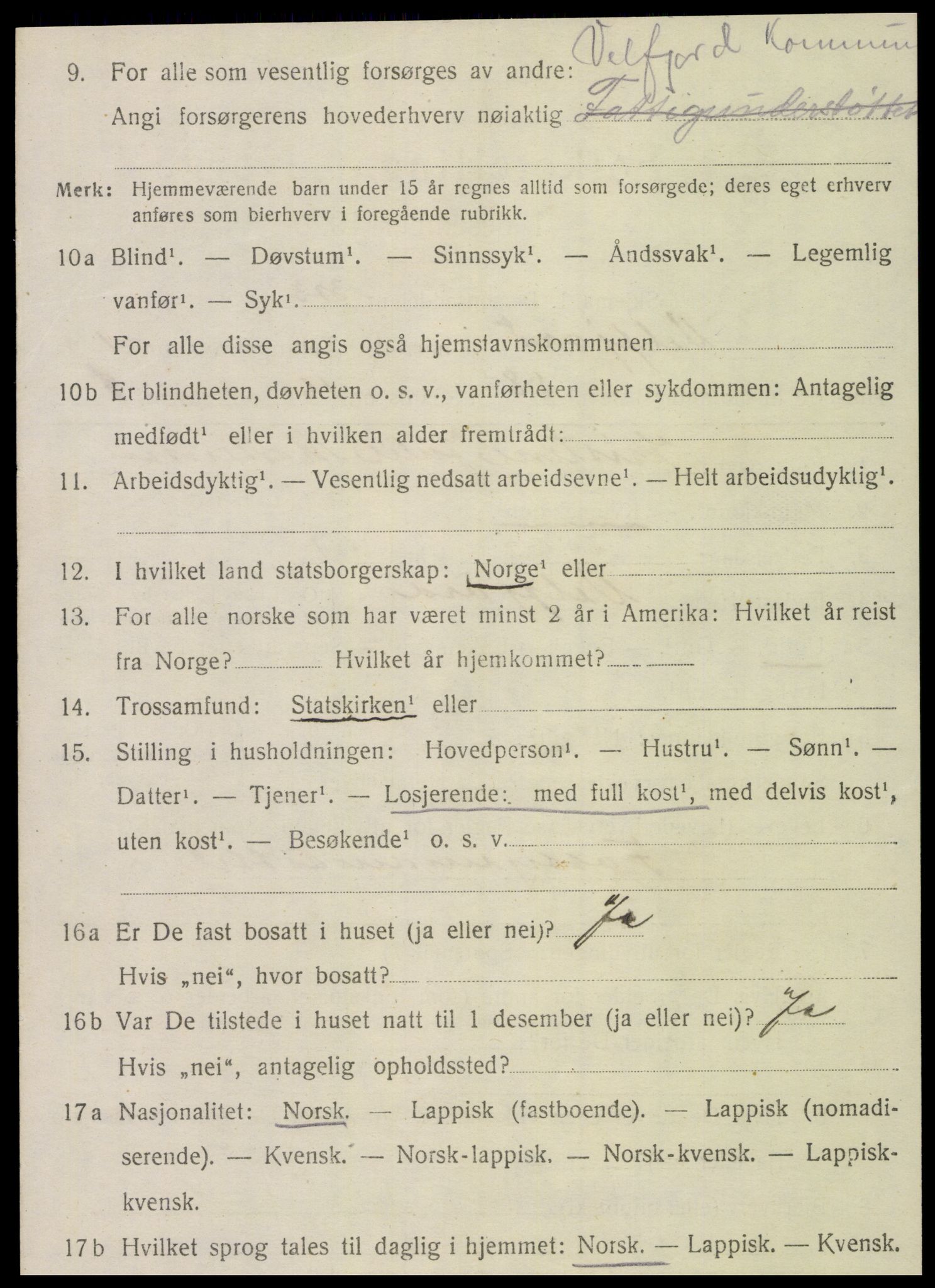 SAT, 1920 census for Velfjord, 1920, p. 1208