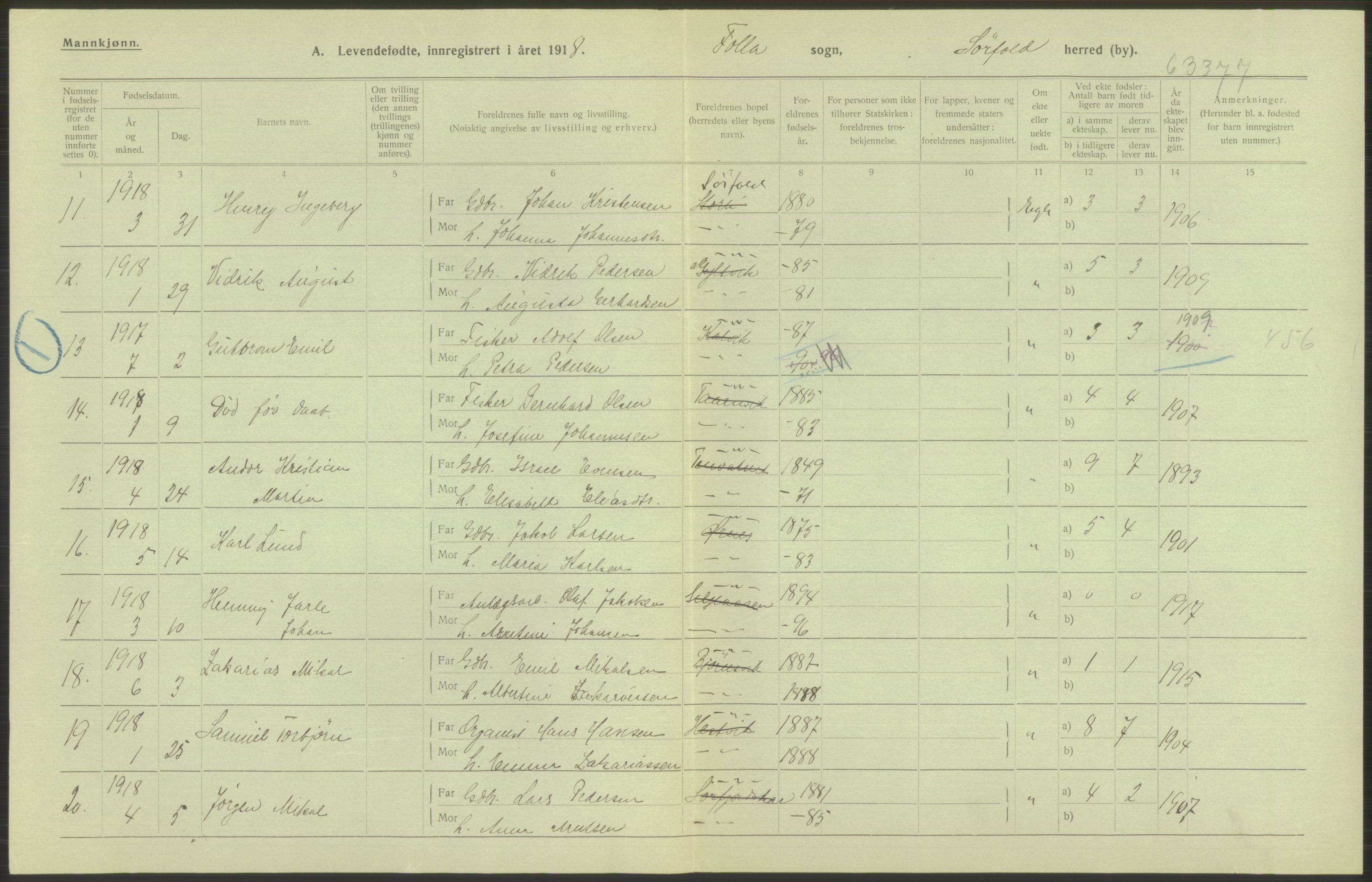 Statistisk sentralbyrå, Sosiodemografiske emner, Befolkning, AV/RA-S-2228/D/Df/Dfb/Dfbh/L0052: Nordland fylke: Levendefødte menn og kvinner. Bygder., 1918, p. 460