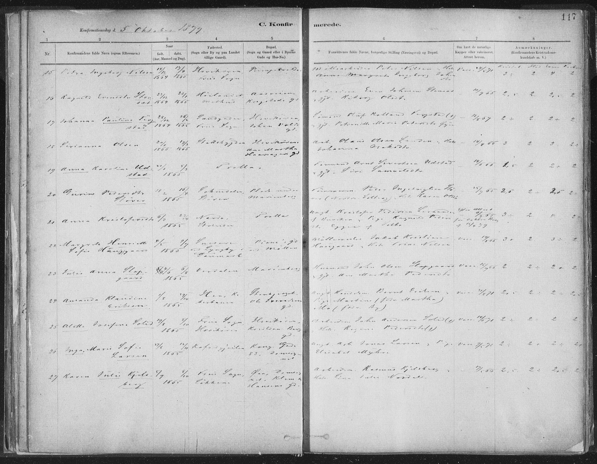 Ministerialprotokoller, klokkerbøker og fødselsregistre - Sør-Trøndelag, SAT/A-1456/603/L0162: Parish register (official) no. 603A01, 1879-1895, p. 117
