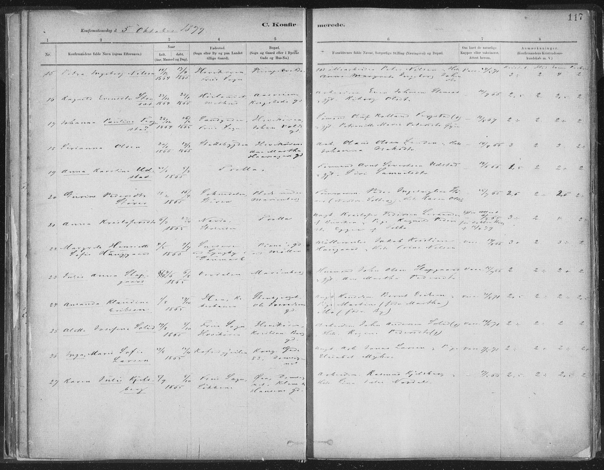 Ministerialprotokoller, klokkerbøker og fødselsregistre - Sør-Trøndelag, AV/SAT-A-1456/603/L0162: Parish register (official) no. 603A01, 1879-1895, p. 117