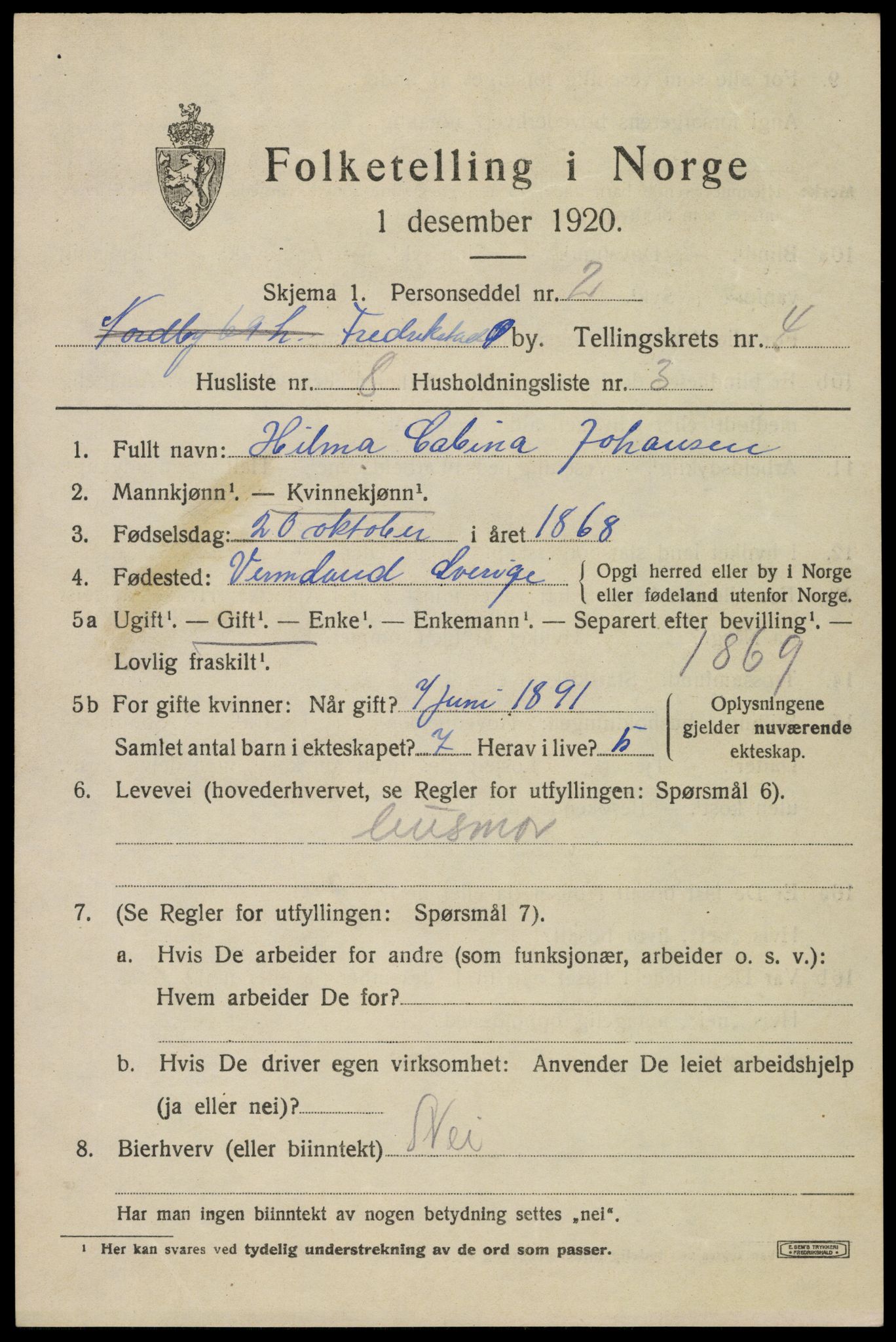 SAO, 1920 census for Fredrikstad, 1920, p. 17095