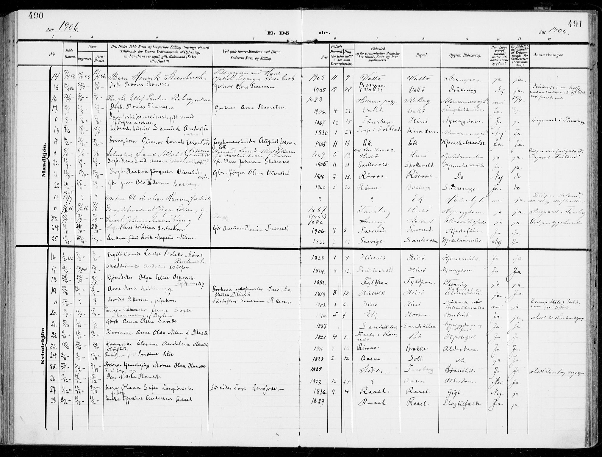 Sem kirkebøker, SAKO/A-5/F/Fb/L0006: Parish register (official) no. II 6, 1905-1918, p. 490-491