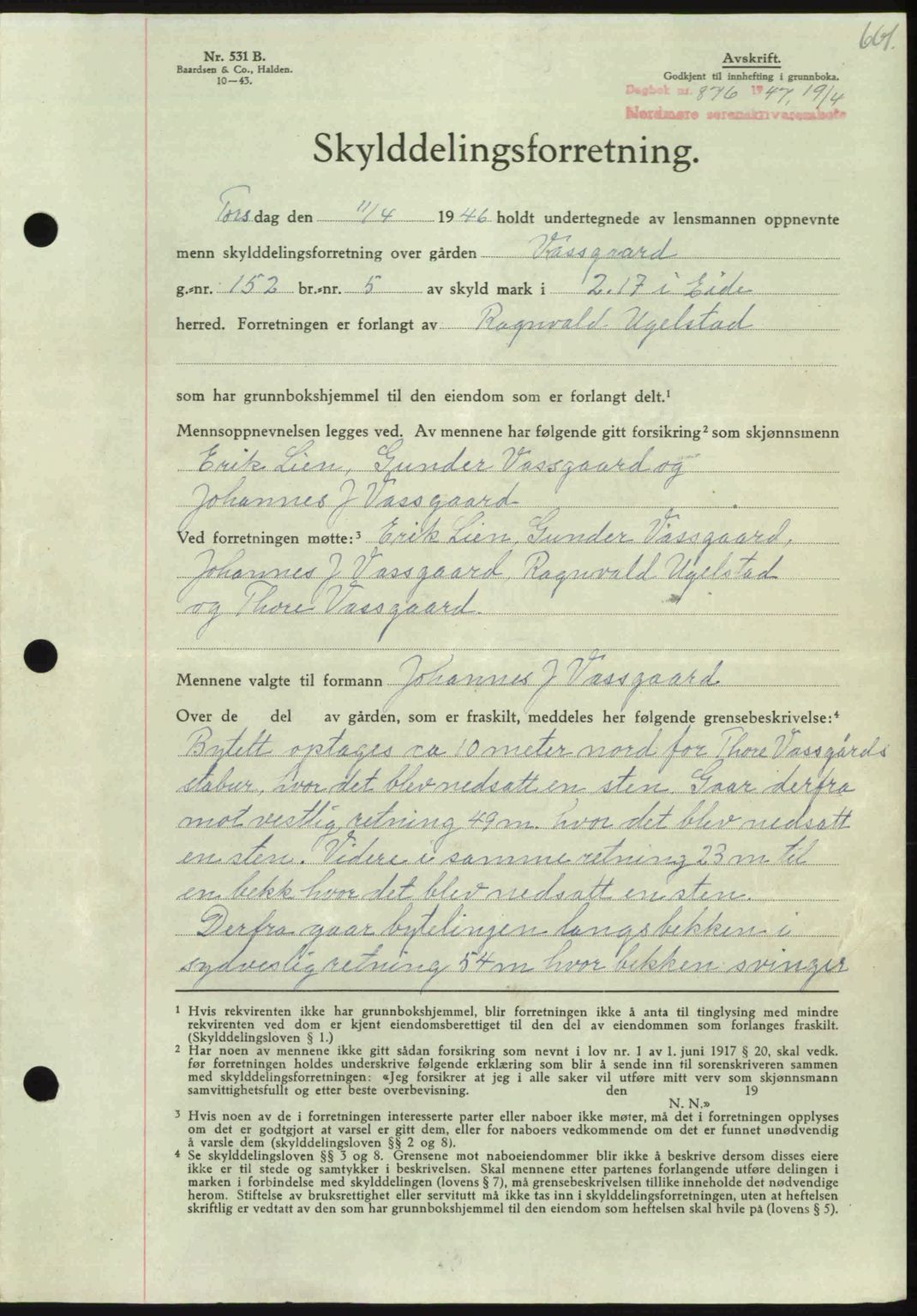 Nordmøre sorenskriveri, AV/SAT-A-4132/1/2/2Ca: Mortgage book no. A104, 1947-1947, Diary no: : 876/1947