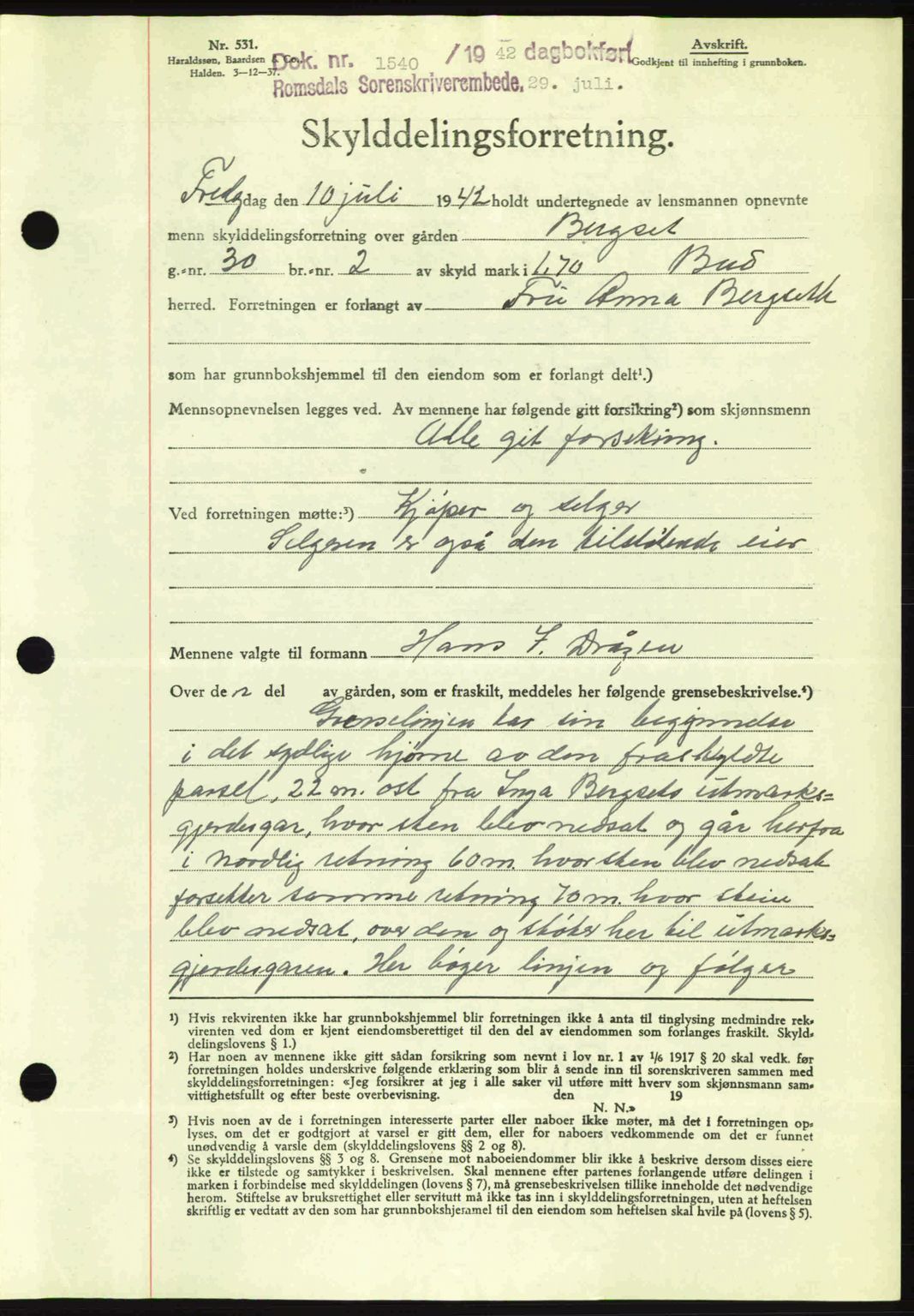 Romsdal sorenskriveri, AV/SAT-A-4149/1/2/2C: Mortgage book no. A12, 1942-1942, Diary no: : 1540/1942