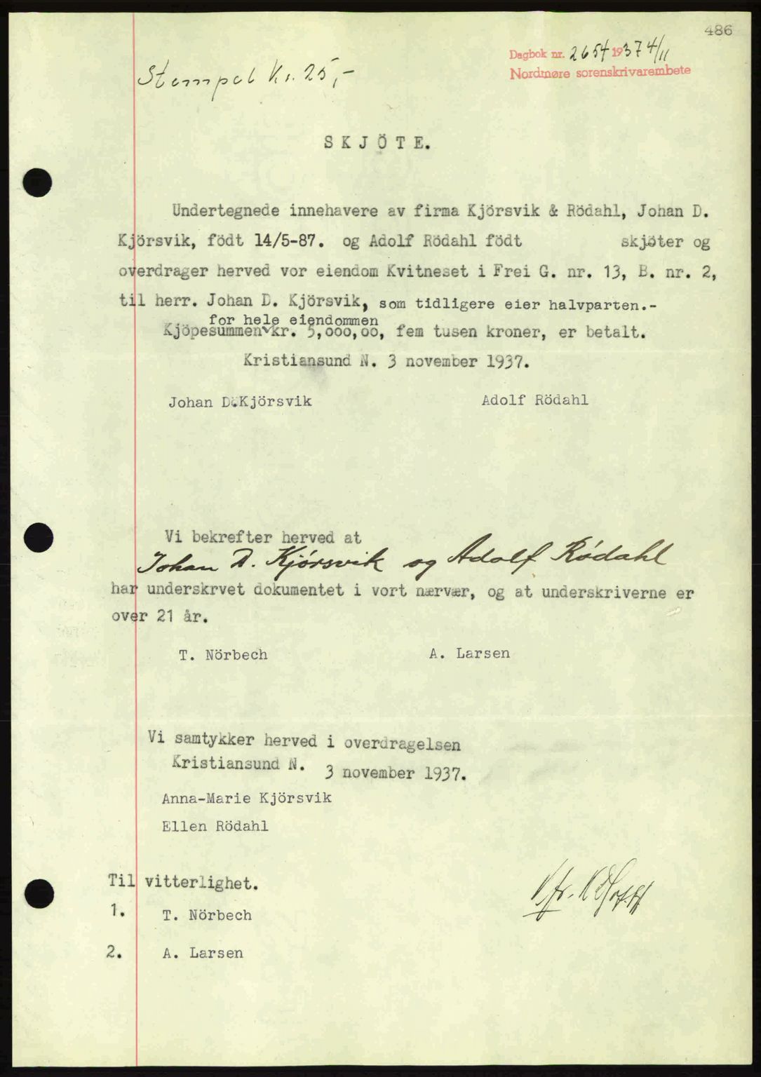 Nordmøre sorenskriveri, SAT/A-4132/1/2/2Ca: Mortgage book no. A82, 1937-1938, Diary no: : 2654/1937