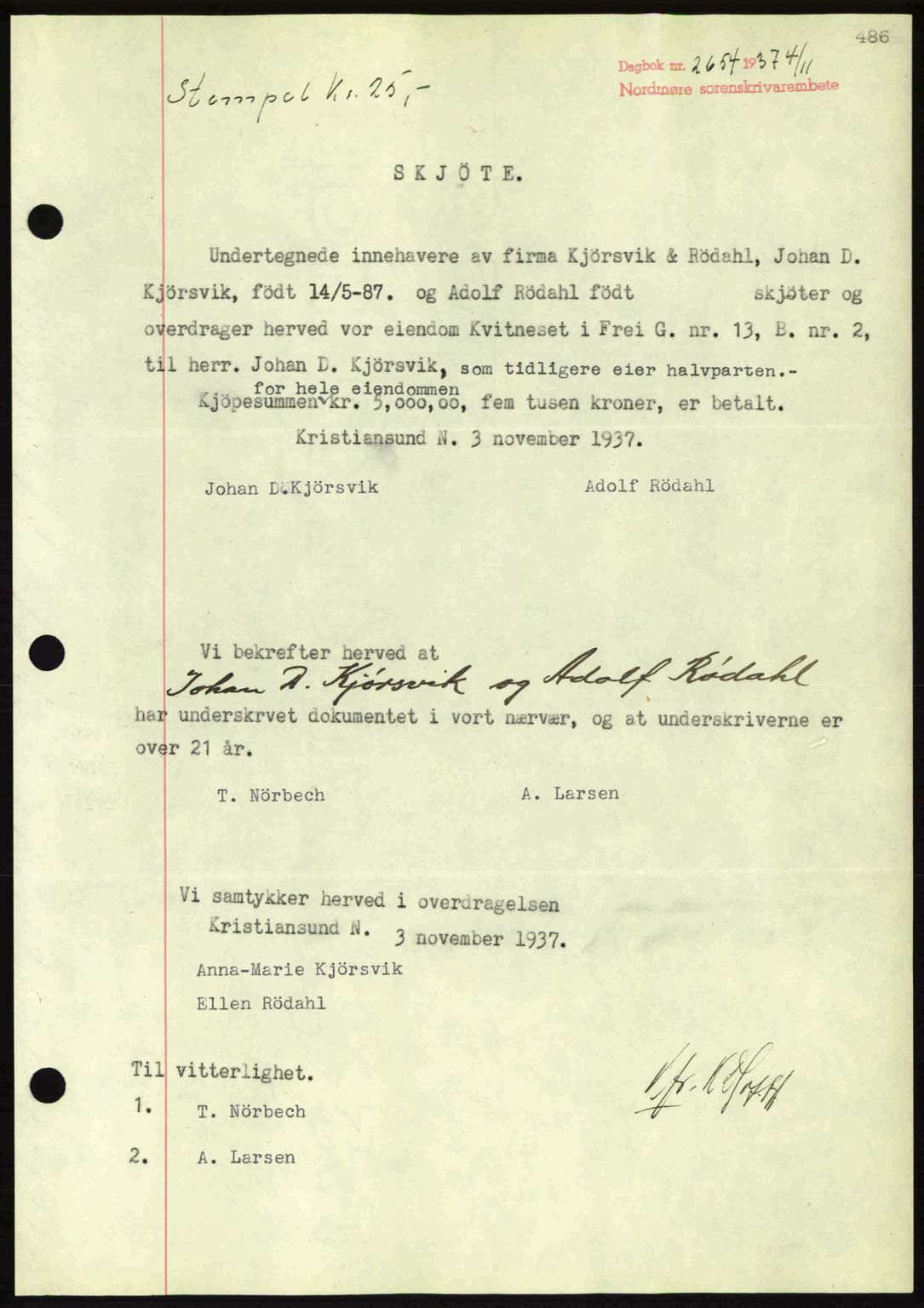 Nordmøre sorenskriveri, AV/SAT-A-4132/1/2/2Ca: Mortgage book no. A82, 1937-1938, Diary no: : 2654/1937