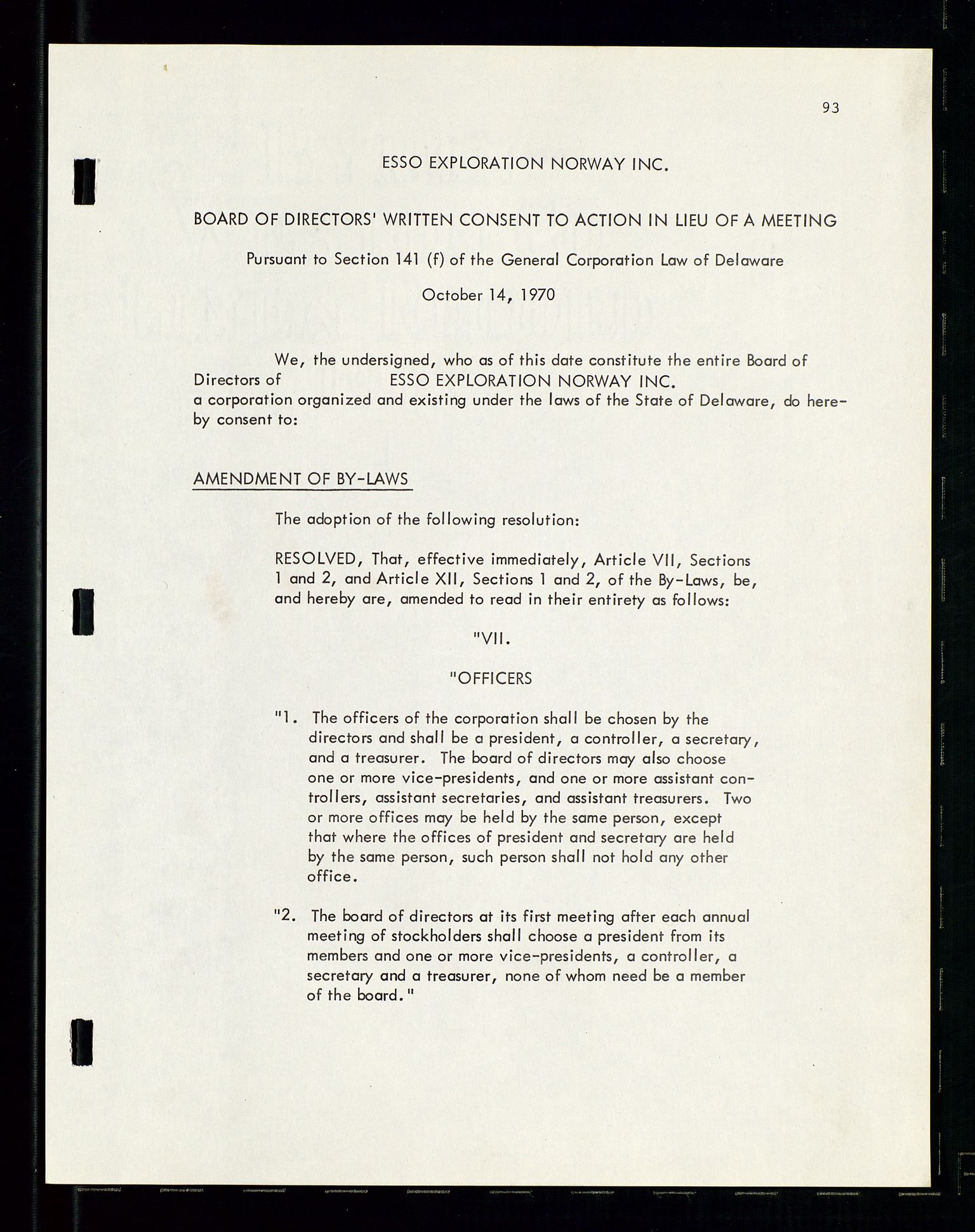 Pa 1512 - Esso Exploration and Production Norway Inc., AV/SAST-A-101917/A/Aa/L0001/0001: Styredokumenter / Corporate records, By-Laws, Board meeting minutes, Incorporations, 1965-1975, p. 93