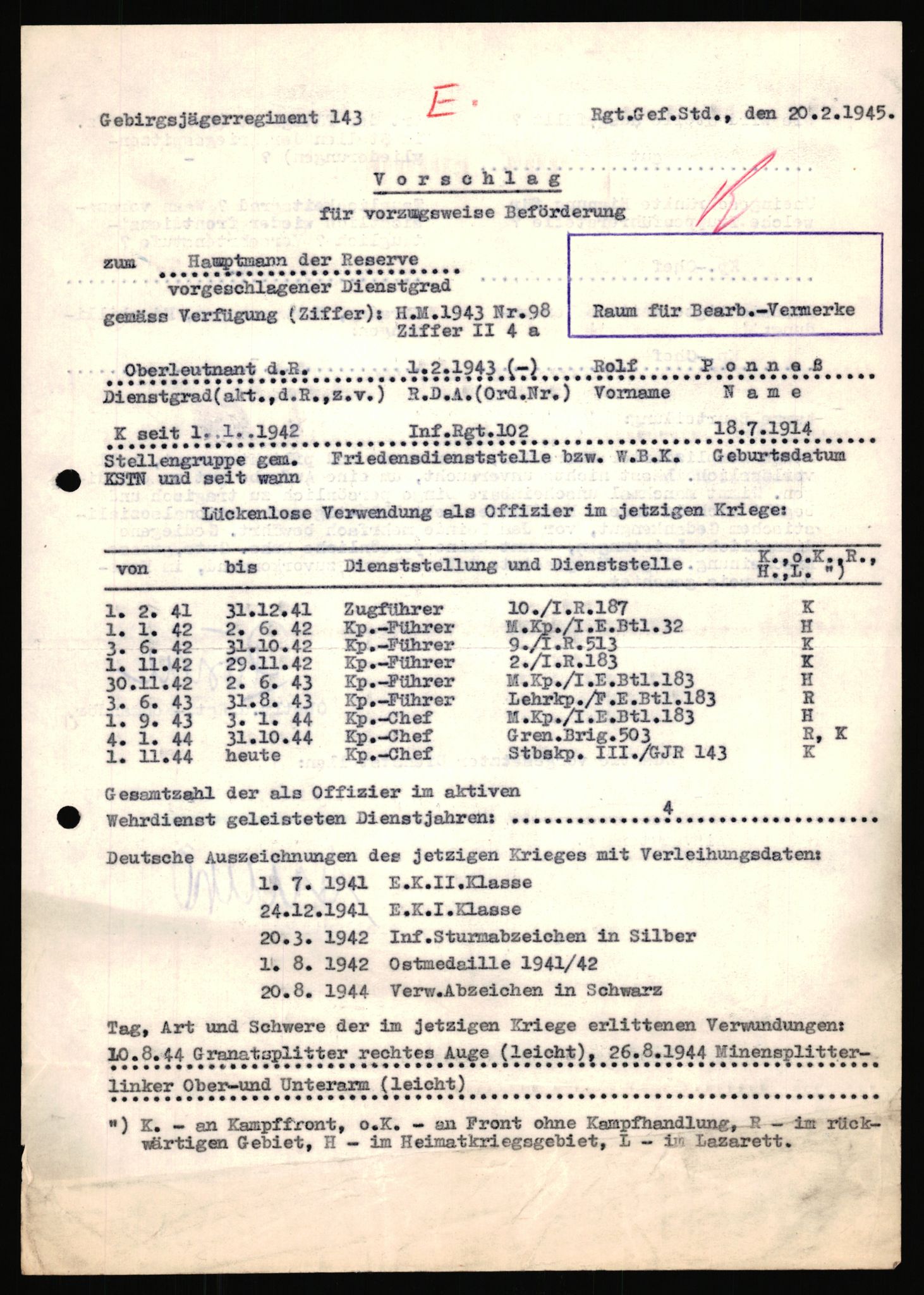 Forsvarets Overkommando. 2 kontor. Arkiv 11.4. Spredte tyske arkivsaker, AV/RA-RAFA-7031/D/Dar/Dara/L0018: Personalbøker, 1940-1945, p. 1215