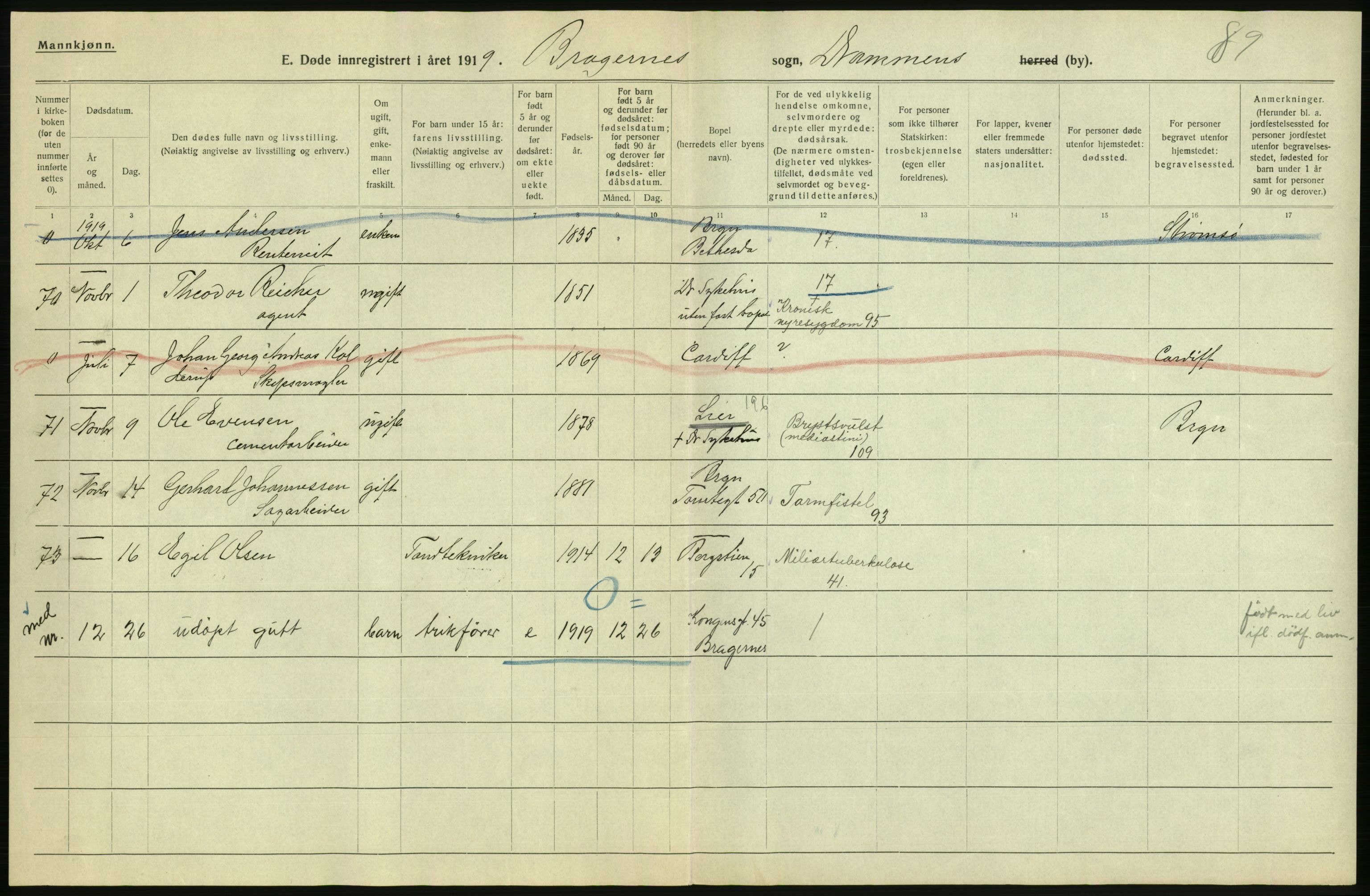 Statistisk sentralbyrå, Sosiodemografiske emner, Befolkning, AV/RA-S-2228/D/Df/Dfb/Dfbi/L0018: Buskerud fylke: Døde. Bygder og byer., 1919, p. 354