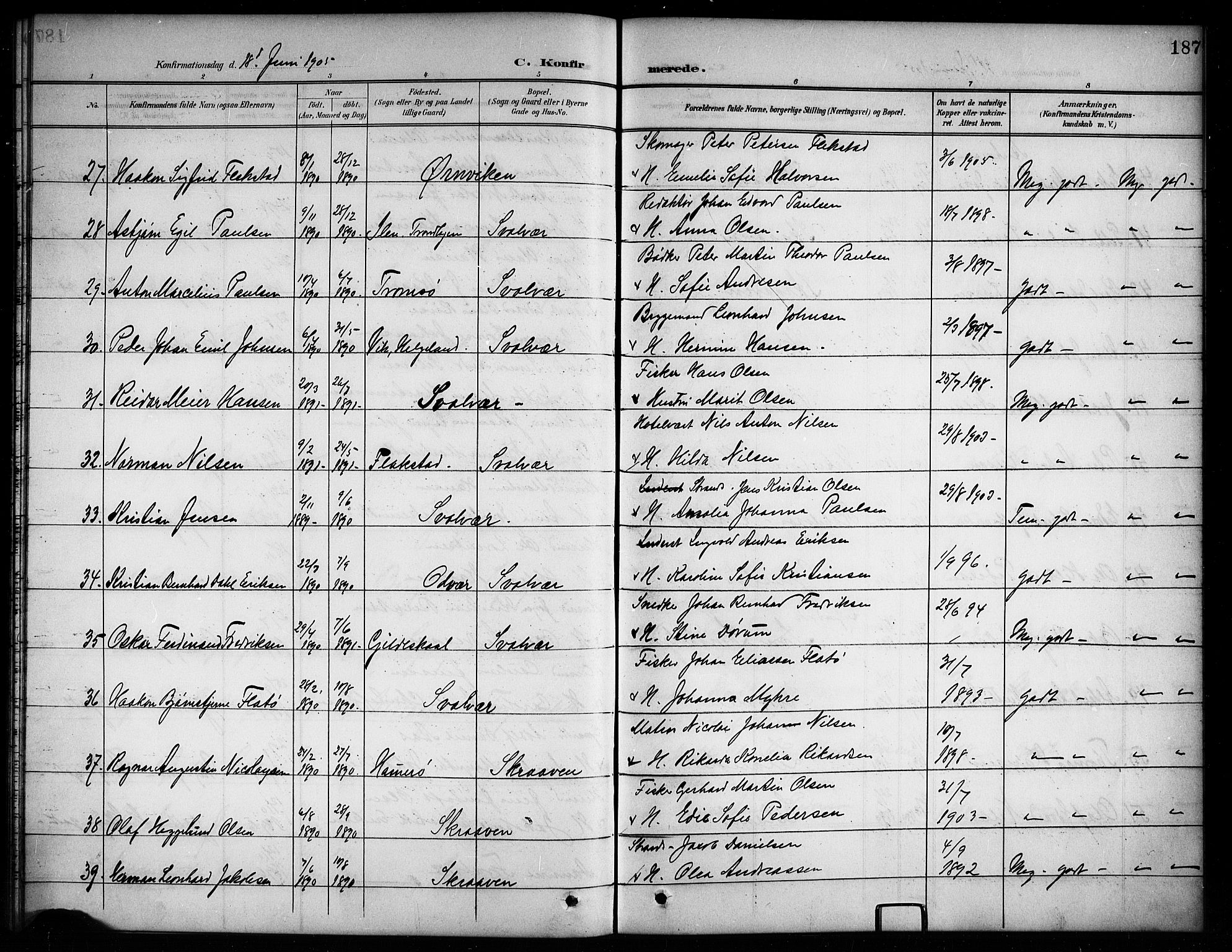 Ministerialprotokoller, klokkerbøker og fødselsregistre - Nordland, AV/SAT-A-1459/874/L1078: Parish register (copy) no. 874C07, 1900-1907, p. 187