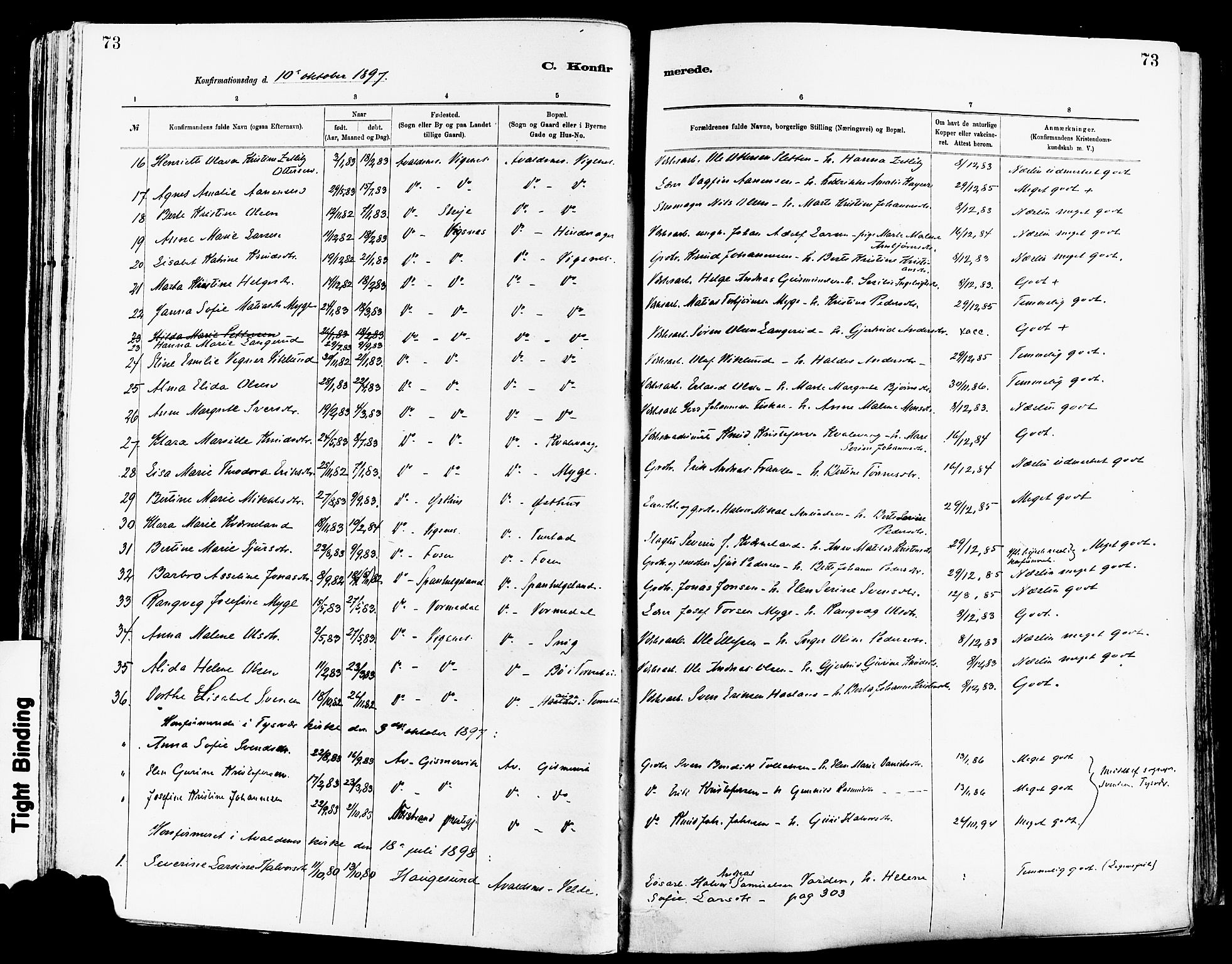 Avaldsnes sokneprestkontor, AV/SAST-A -101851/H/Ha/Haa/L0015: Parish register (official) no. A 15, 1880-1906, p. 73