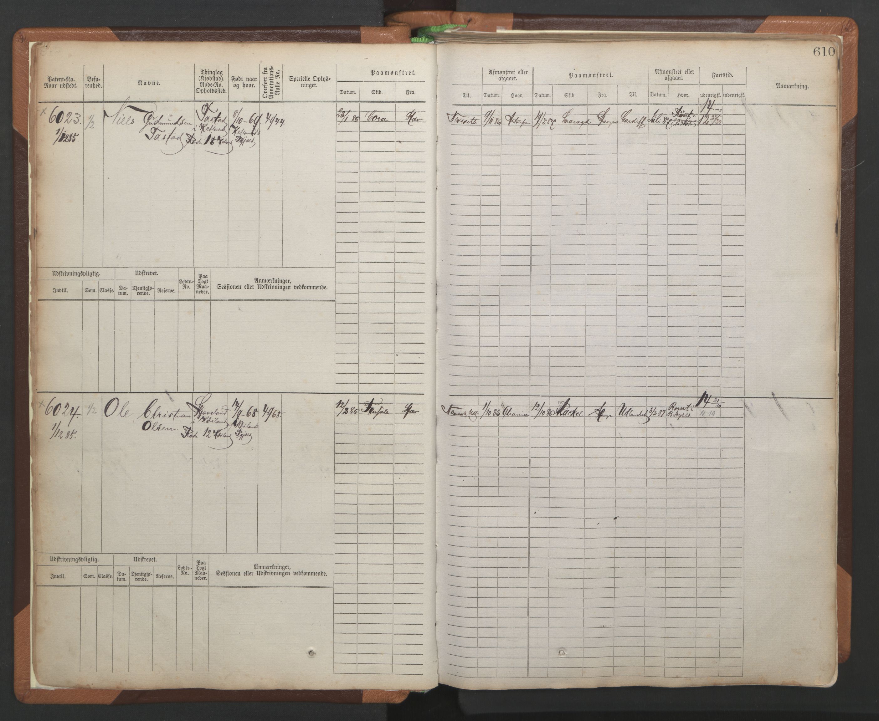 Stavanger sjømannskontor, AV/SAST-A-102006/F/Fb/Fbb/L0010: Sjøfartshovedrulle, patentnr. 6007-6606 (del 1), 1887-1896, p. 14