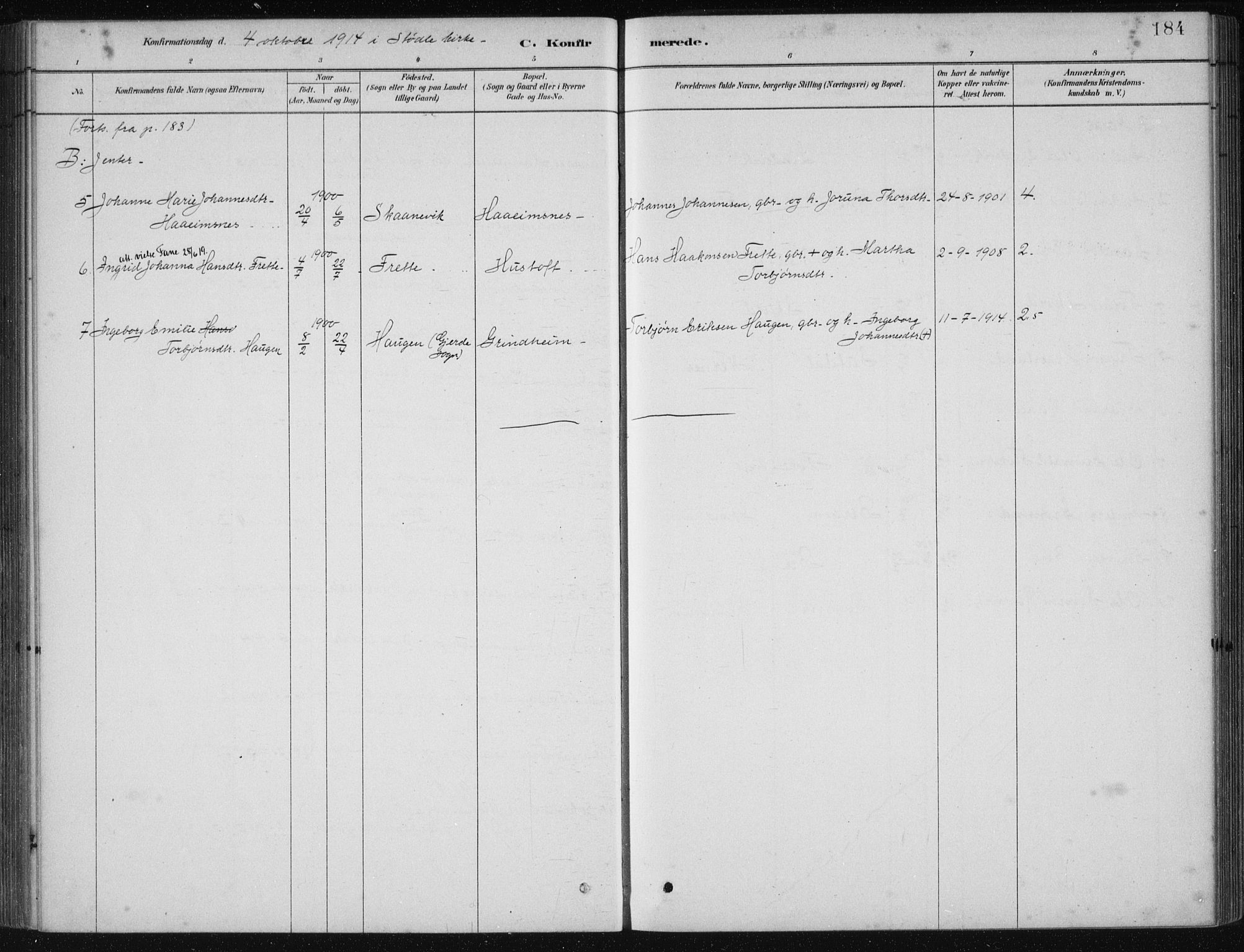 Etne sokneprestembete, SAB/A-75001/H/Haa: Parish register (official) no. D  1, 1879-1919, p. 184