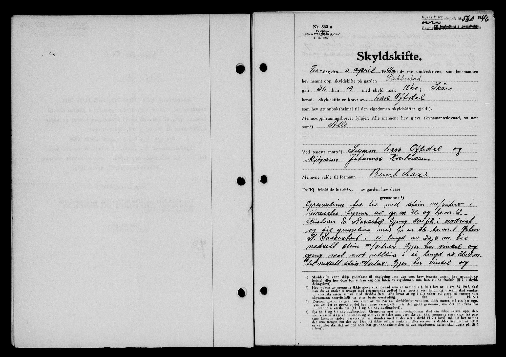 Karmsund sorenskriveri, AV/SAST-A-100311/01/II/IIB/L0085: Mortgage book no. 66A, 1946-1946, Diary no: : 560/1946
