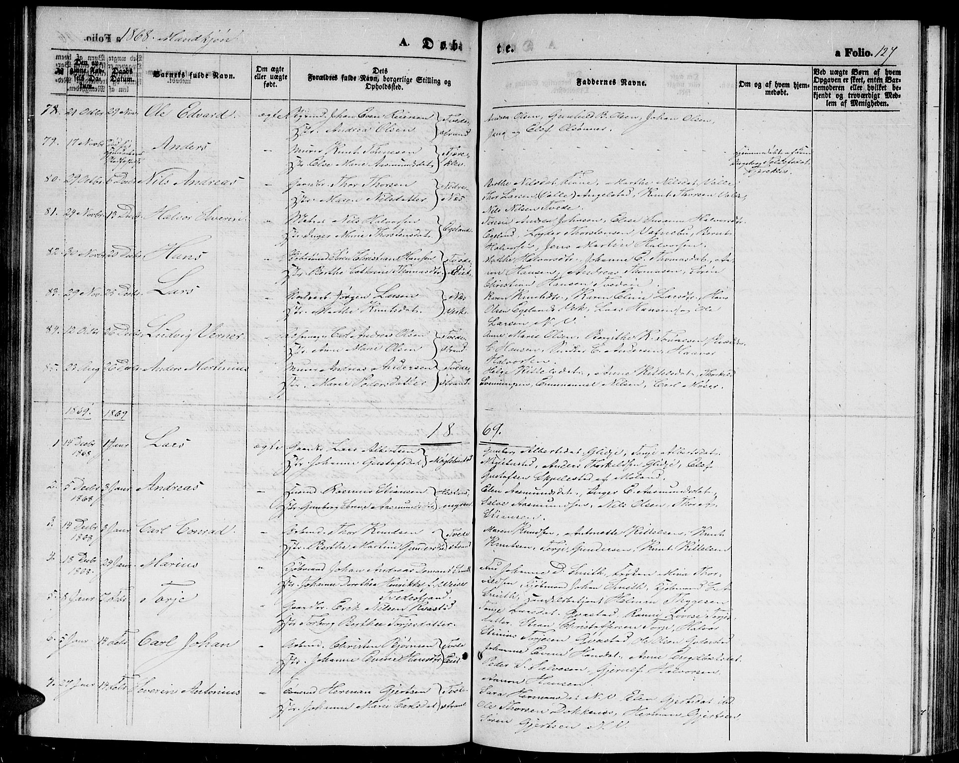 Holt sokneprestkontor, AV/SAK-1111-0021/F/Fb/L0008: Parish register (copy) no. B 8, 1858-1871, p. 127