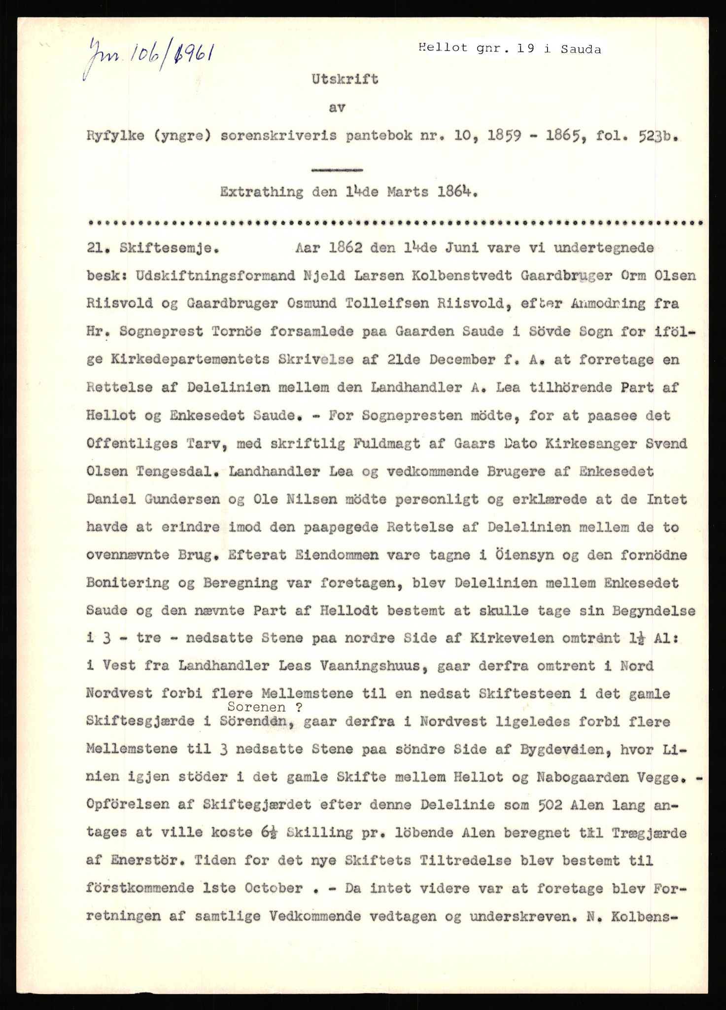 Statsarkivet i Stavanger, SAST/A-101971/03/Y/Yj/L0035: Avskrifter sortert etter gårdsnavn: Helleland - Hersdal, 1750-1930, p. 77