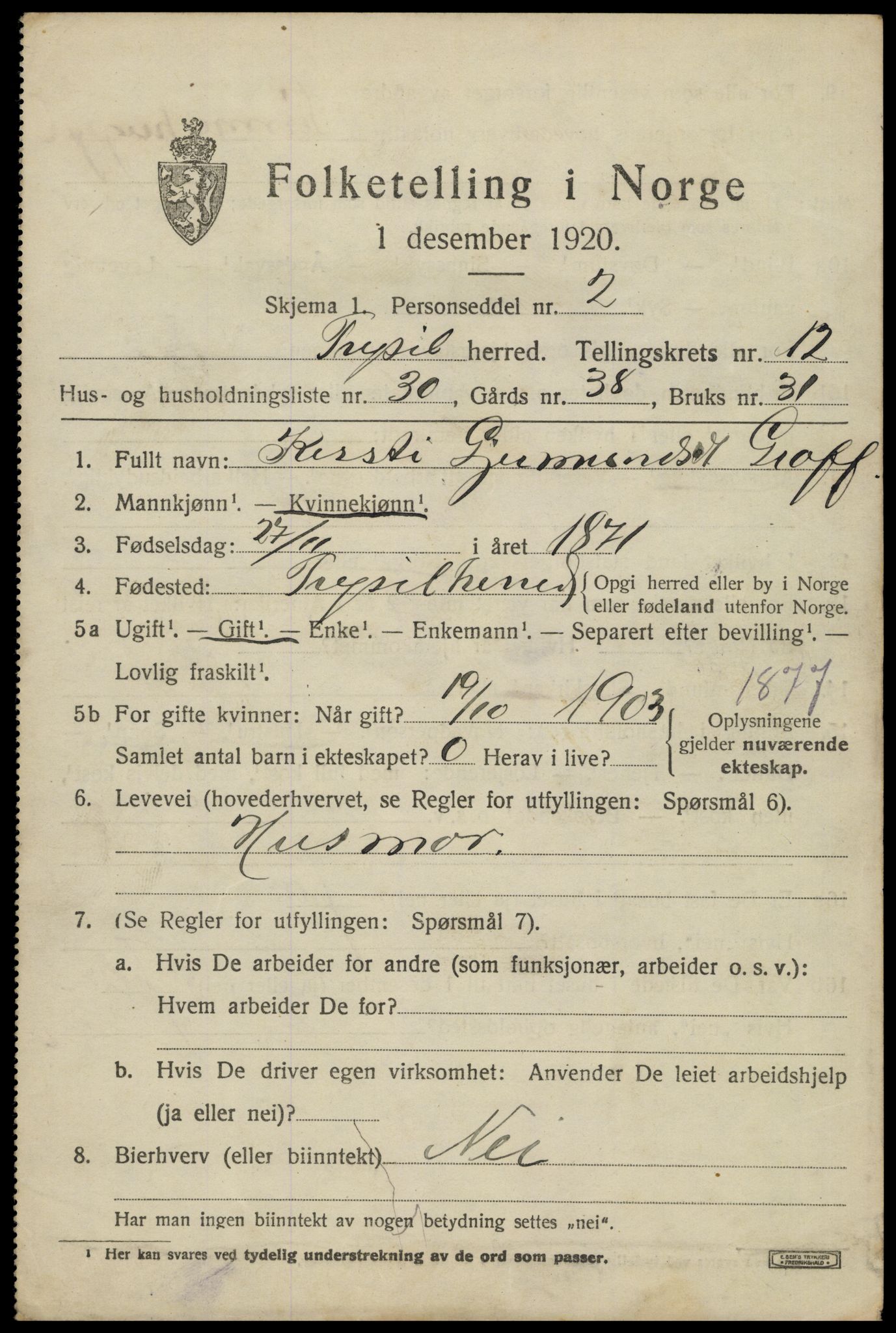 SAH, 1920 census for Trysil, 1920, p. 7541