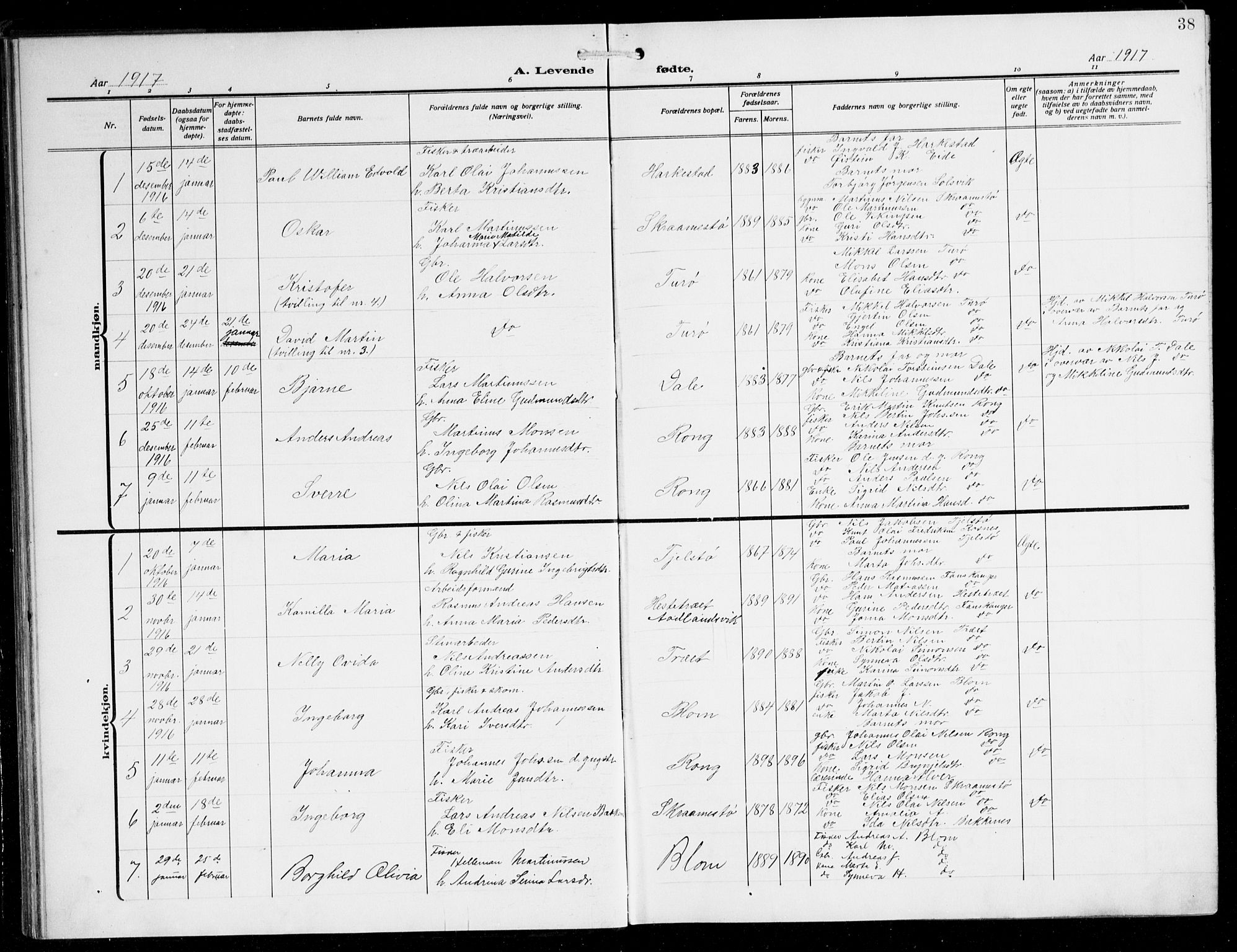 Herdla Sokneprestembete, SAB/A-75701/H/Hab: Parish register (copy) no. C 2, 1913-1926, p. 38