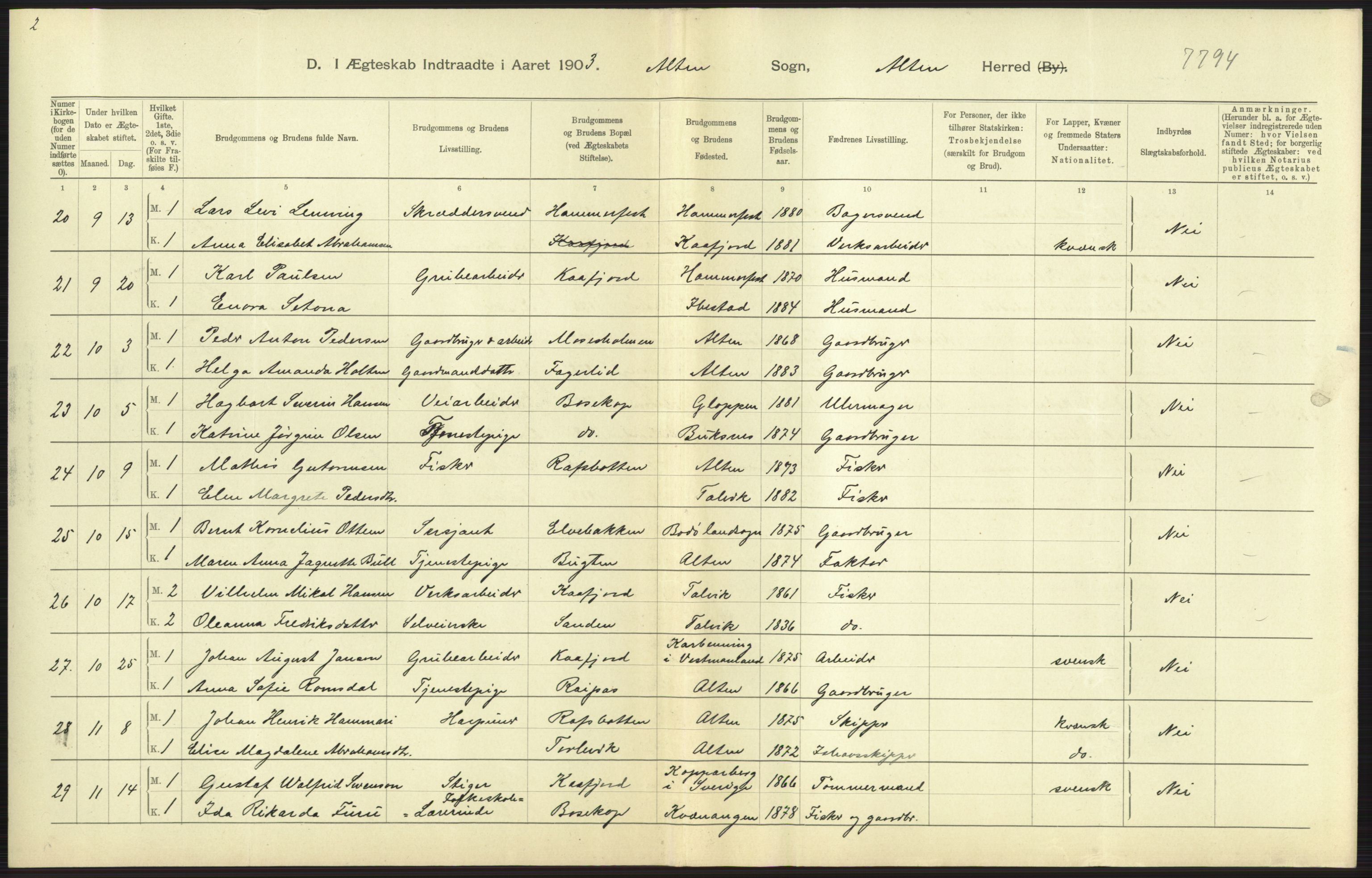 Statistisk sentralbyrå, Sosiodemografiske emner, Befolkning, AV/RA-S-2228/D/Df/Dfa/Dfaa/L0022: Finnmarkens amt: Fødte, gifte, døde., 1903, p. 159