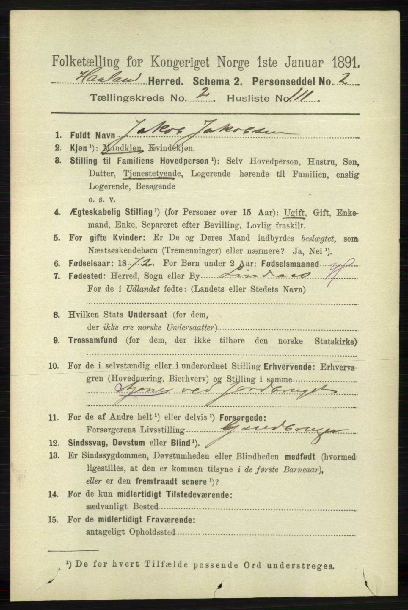 RA, 1891 census for 1124 Haaland, 1891, p. 1601